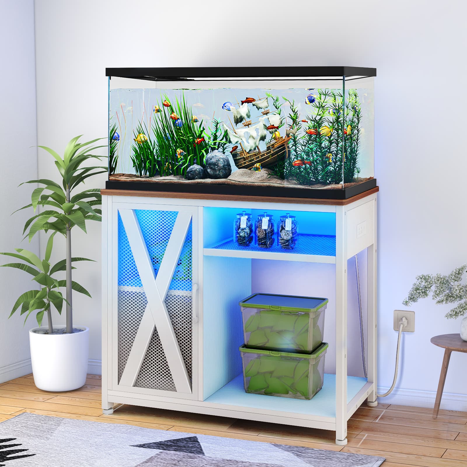 40-50 Gallon Metal Fish Tank Stand w/ LED Light & Power Outlets 3-Tier Storage 3