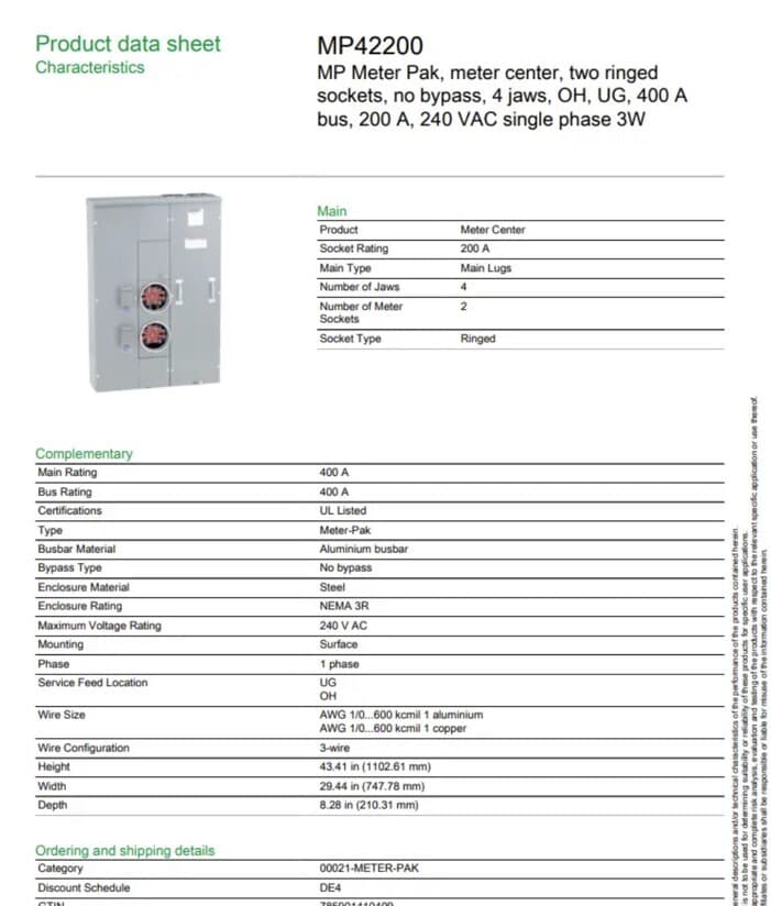 Square D MP42200 400 Amp w/2 Gang 200A Meter EUSERC OH/UG as WEP4212 2