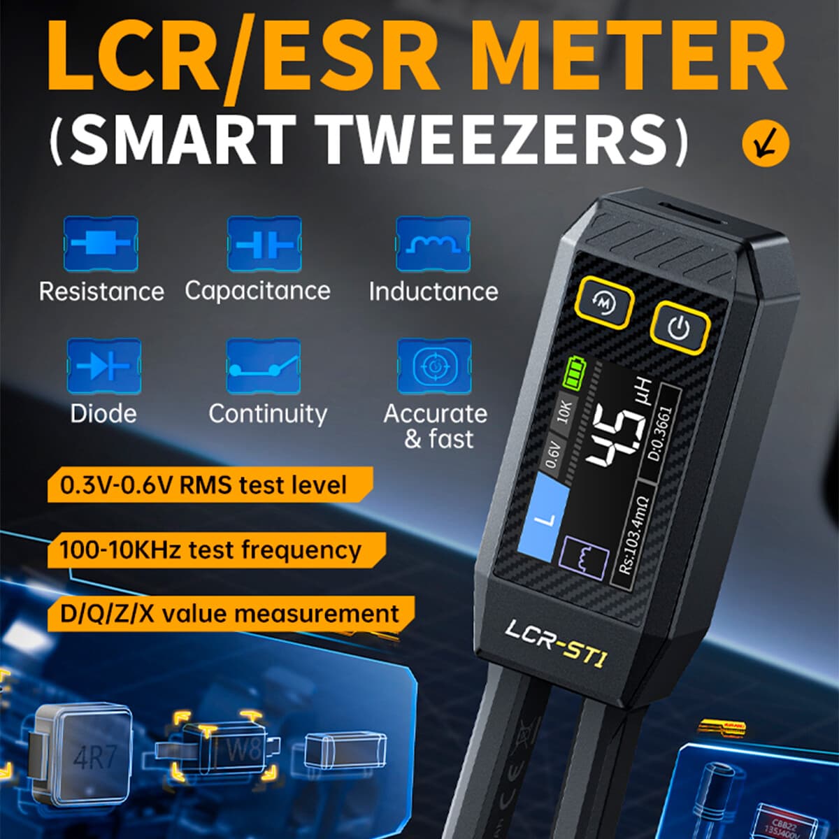 FNIRSI LCR-ST1 Smart Tweezer LCR SMD ESR Tester Ohm Capacitance Diode Test US- 2