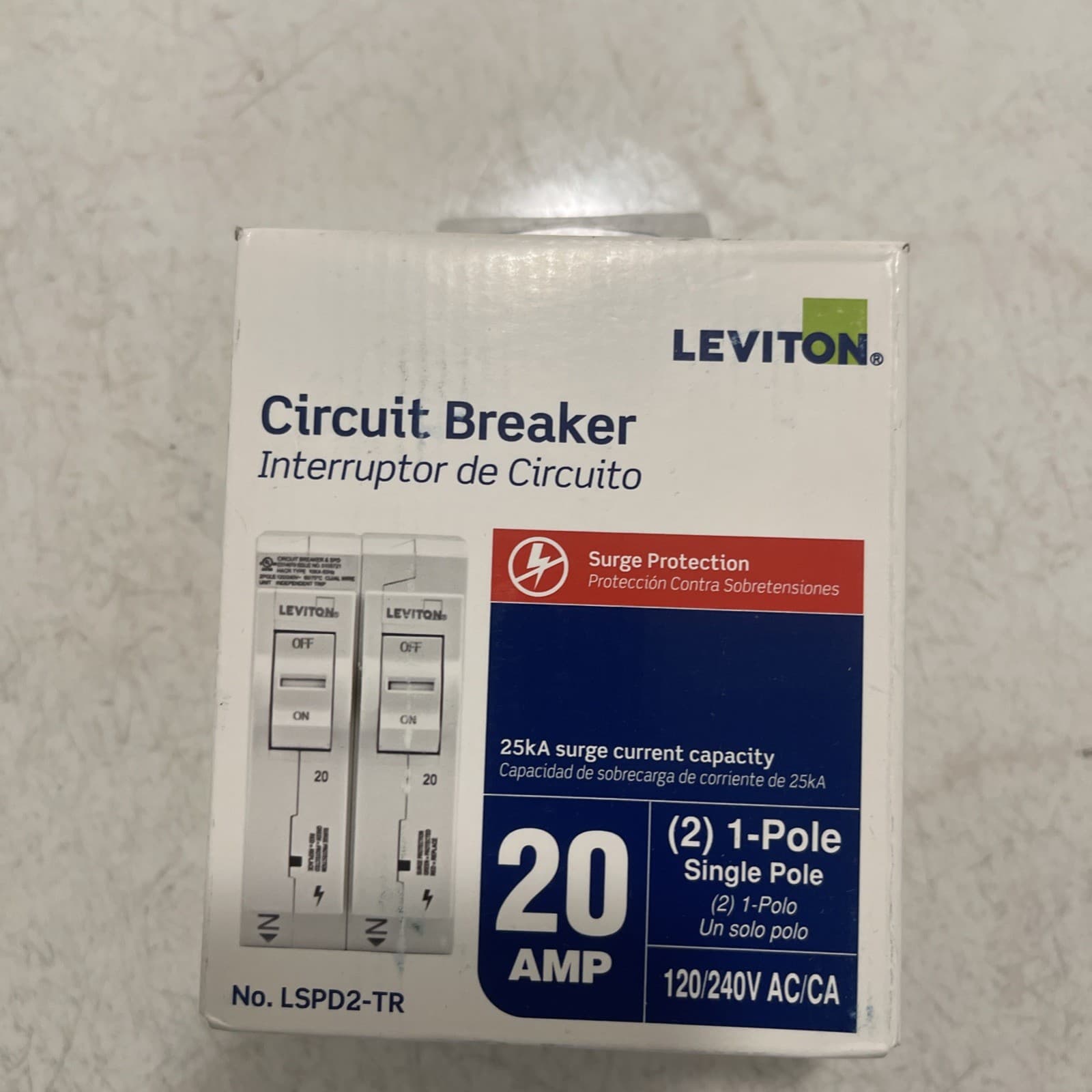 Leviton LSPD2-TR 20 Amp Dual Single Pole Circuit Breaker w/ Surge Protection NEW