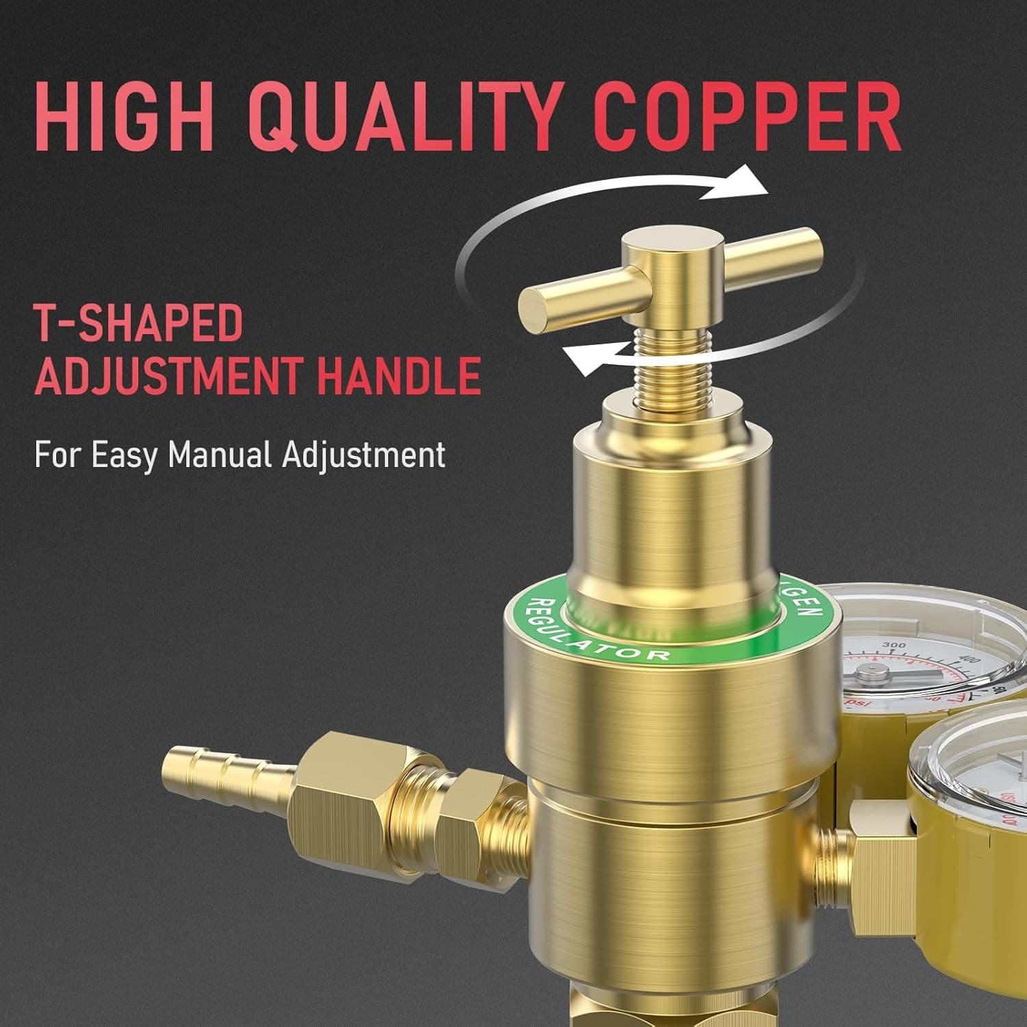 Oxygen Regulator CGA540 0-4000PSI 0-100PSI Gauges with T-Handle & Hose Connector 5