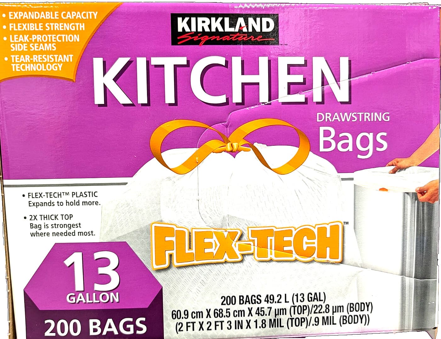 Kirkland Signature Flex-Tech Kitchen Drawstring Bags 2x Thick 13 Gal 200 Bags 2