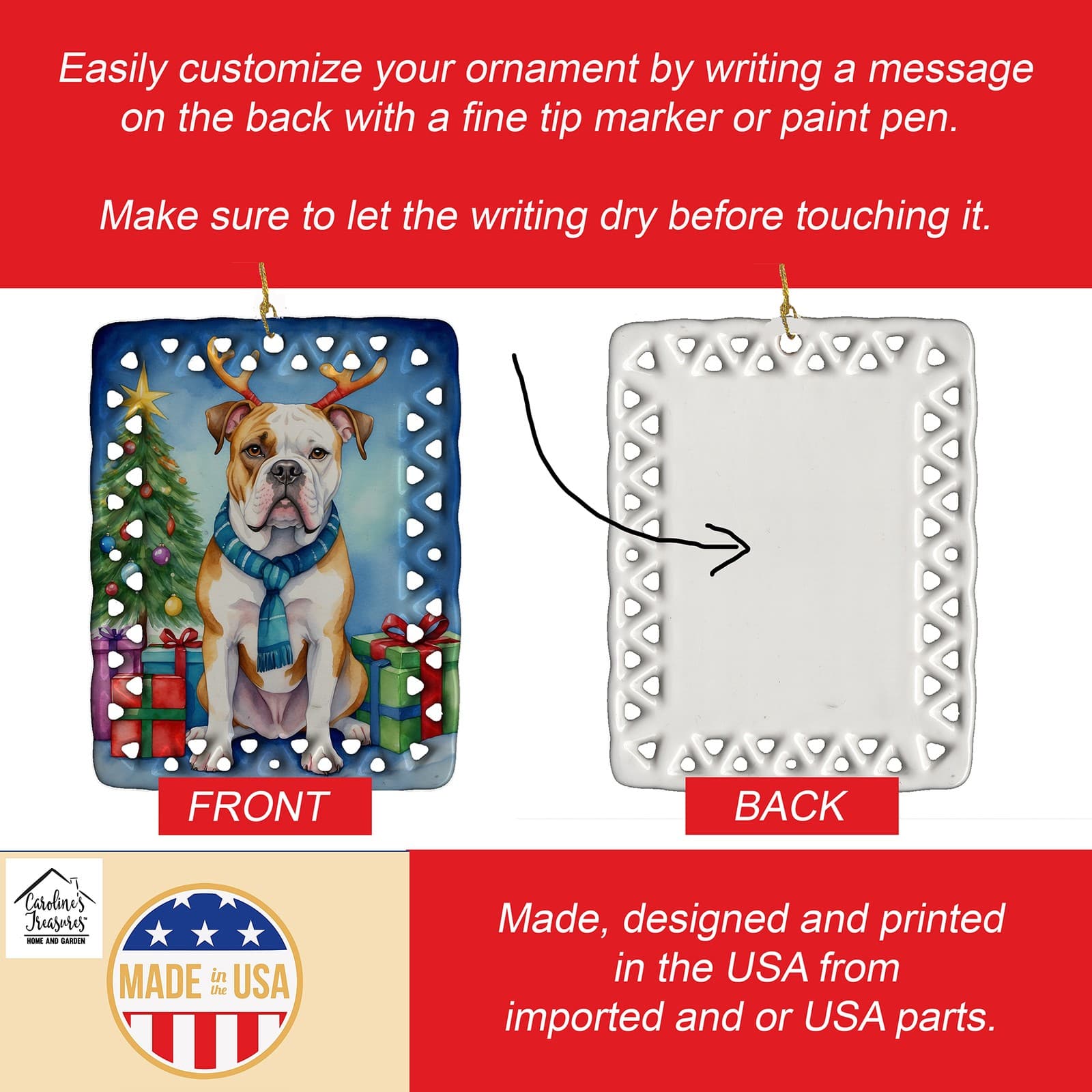 American Bulldog Christmas Reindeer Porcelain Ornament DAC7722CO2 3