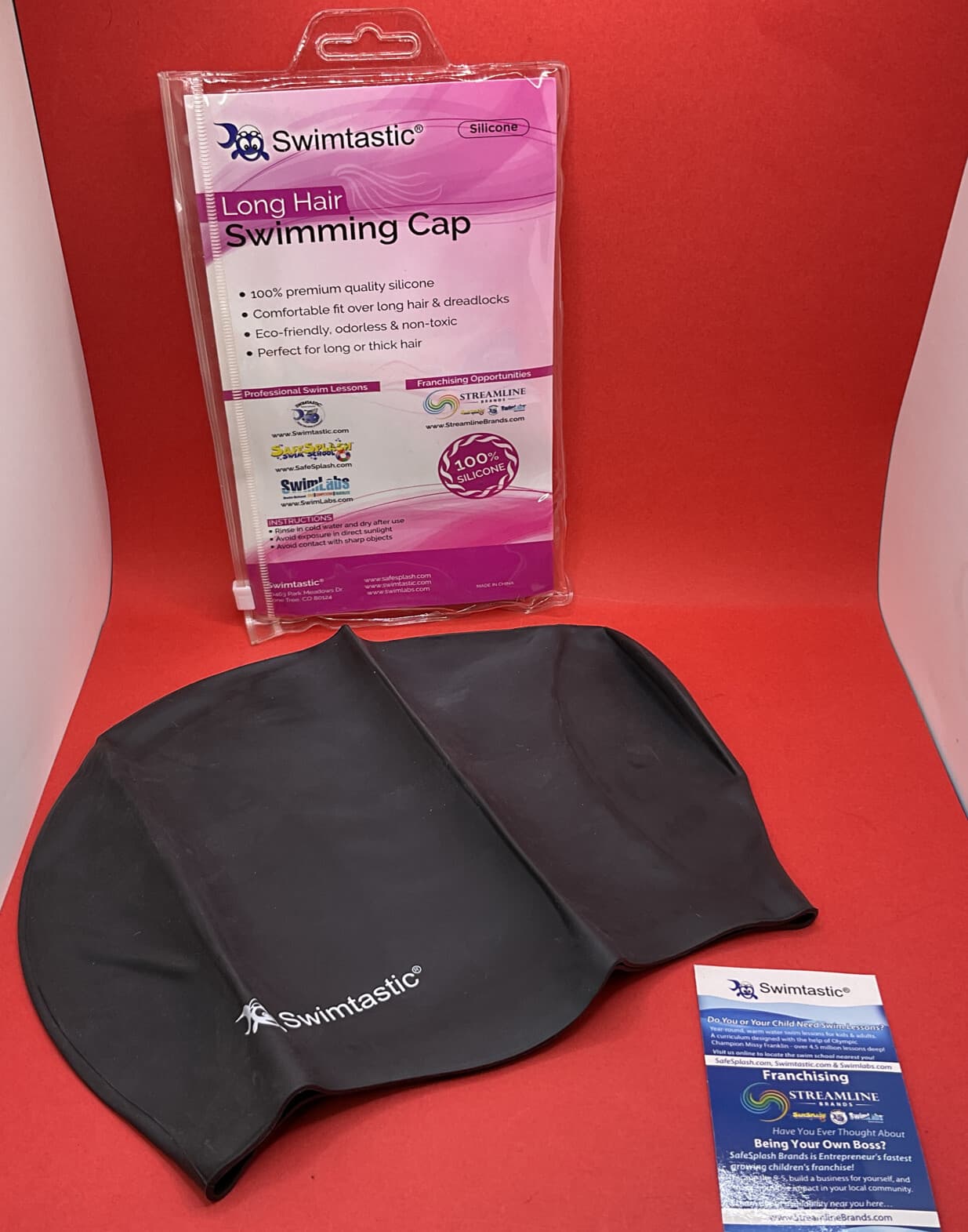 Swimtastic Long Hair Swim Cap, Black Durable Silicone Swimming For Kids, Adults