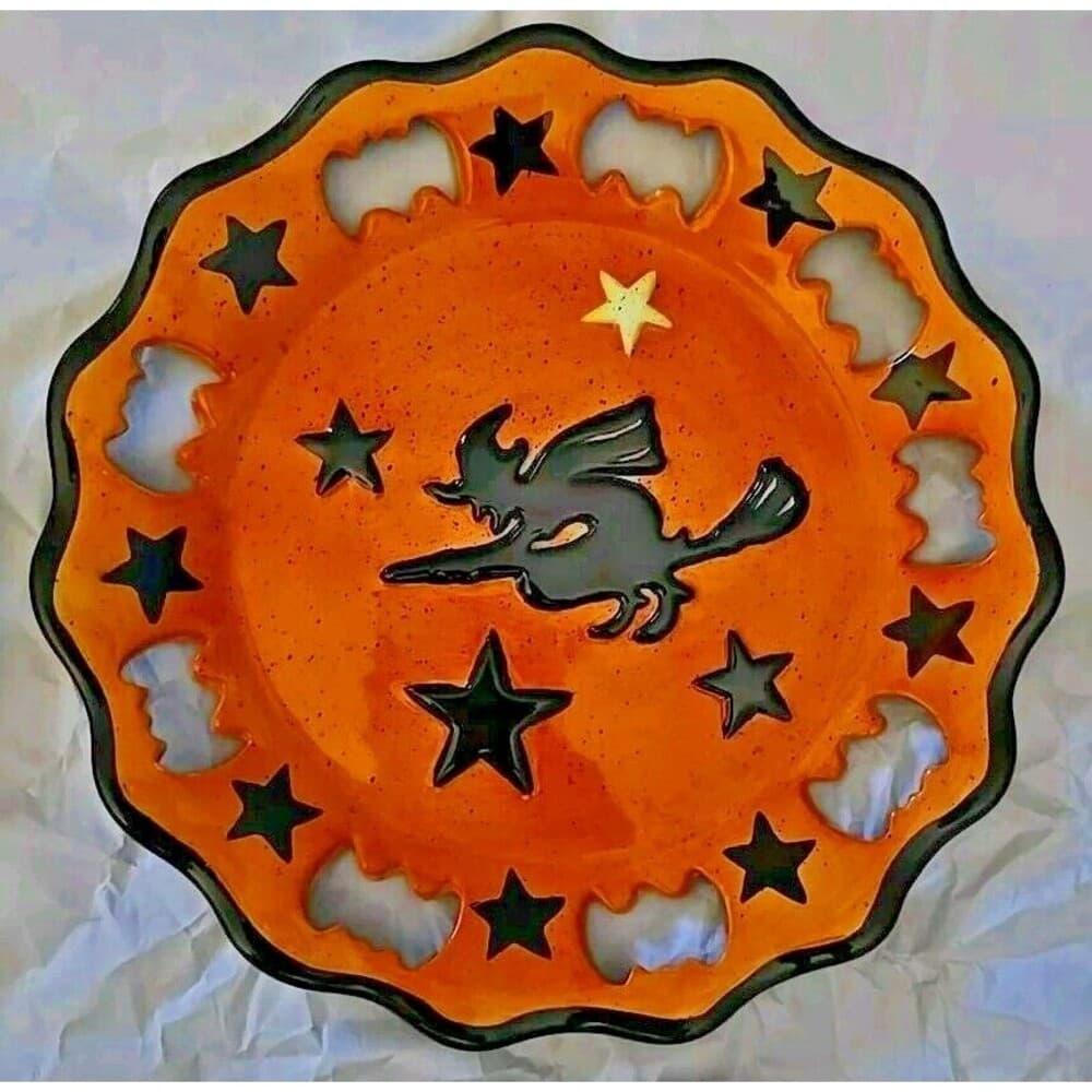 Garden Ridge Halloween 4 Plates Ghost Witch Haunted House Cat Moon Star Bat Rare 2
