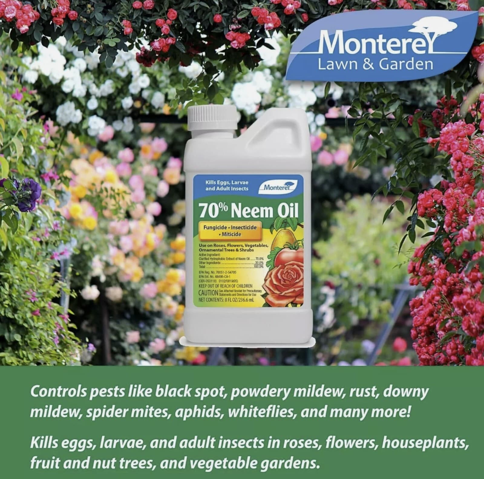 Monterey Neem Oil 70% Organic Fungicide, Insecticide, Miticide Concentrate 8 oz. 2