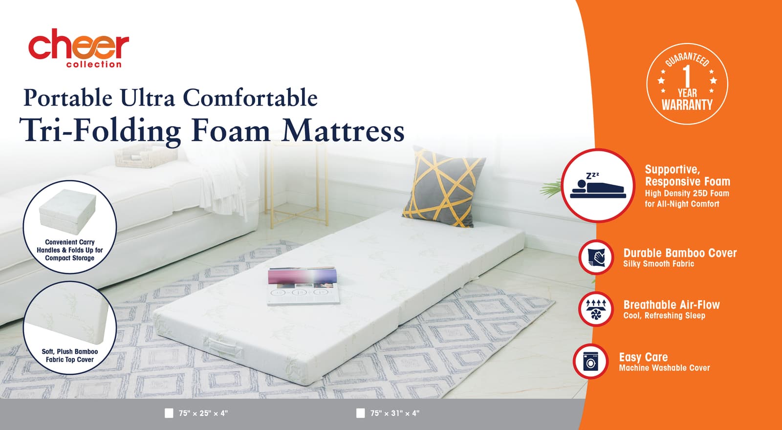 Cheer Collection Tri-fold Small 75" x 25" x 4" Folding Mattress OR Mattress Case 4