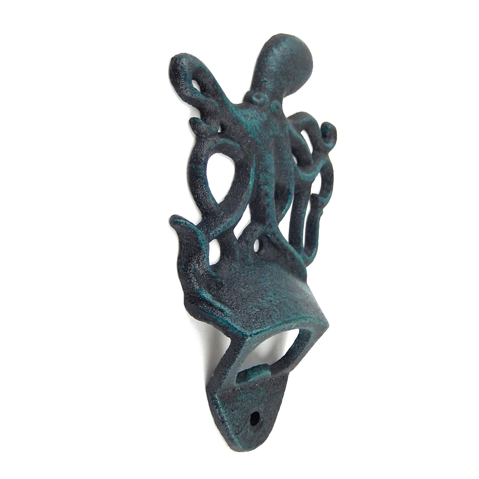 Octopus Beer Bottle Opener Cast Iron Wall Mount Nautical Rustic Sea Worn Blue 3
