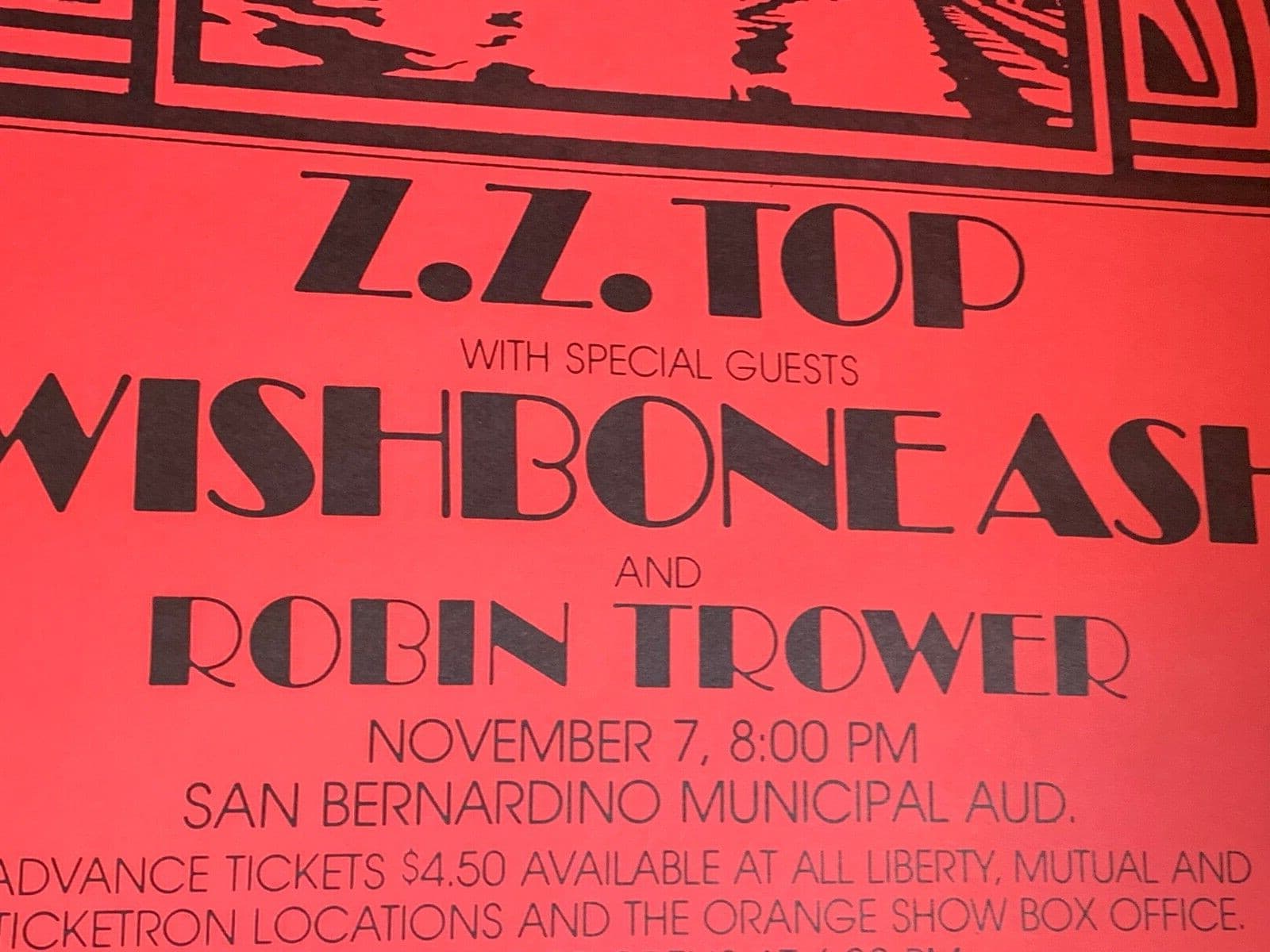 ZZ TOP ROBIN TROWER 1975 SAN BERNADINO, CALIFORNIA ROCK CONCERT POSTER -NICE! 5