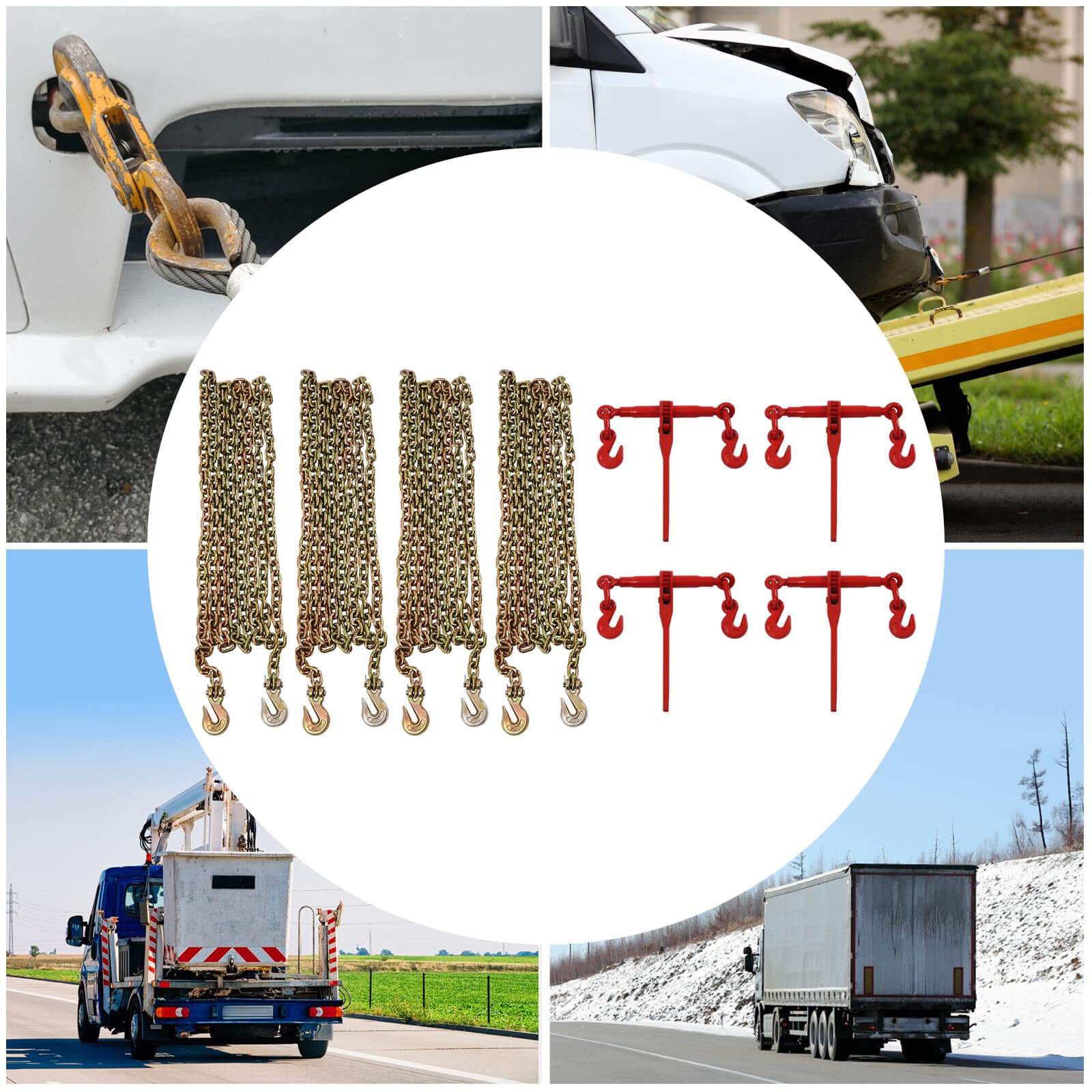 4 Pack 5/16"-3/8" Chain and Binder Kit Ratchet Load Binder w/ 4x 20ft Chains NEW 2