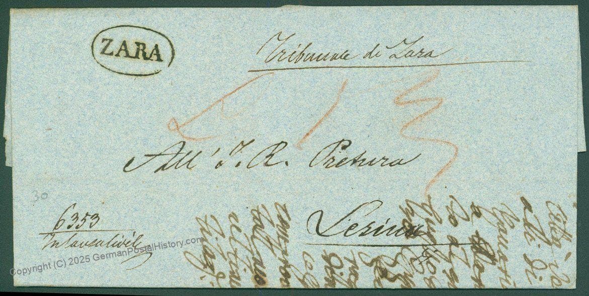 Austria 1836 Zara Dalmatia Vorphila Stampless Cover 63740