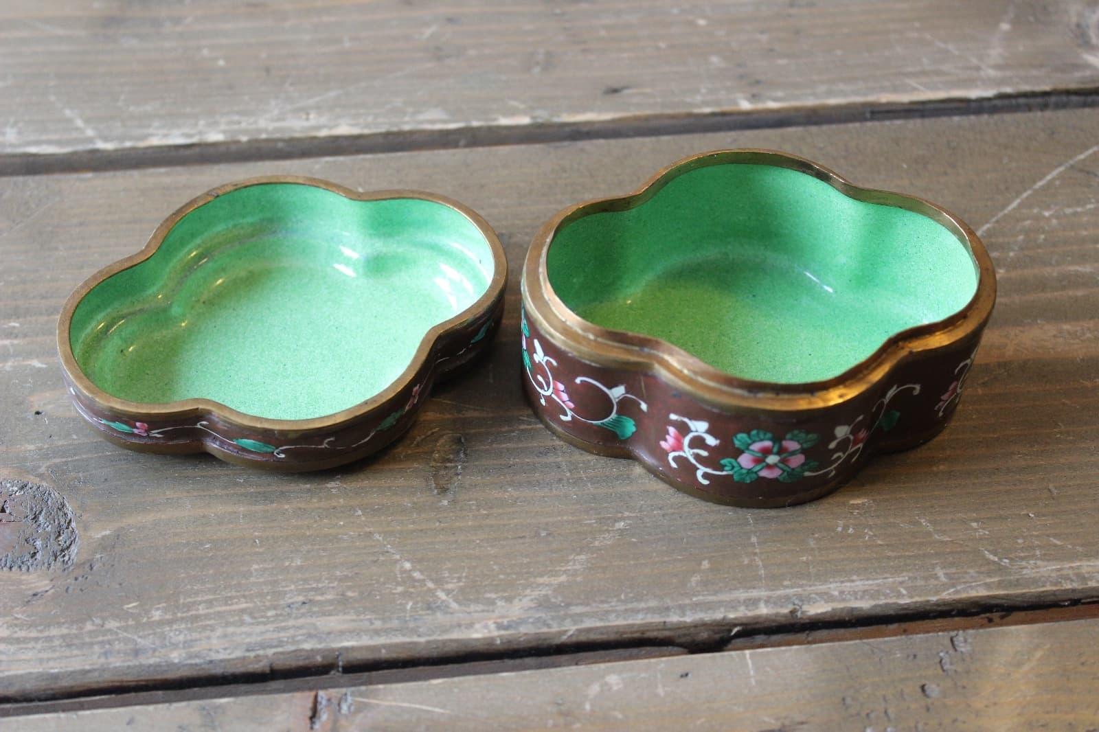 Antique Brass Enamel Flower Trinket Jar 3.75 x 2.75 x 2 inches 4