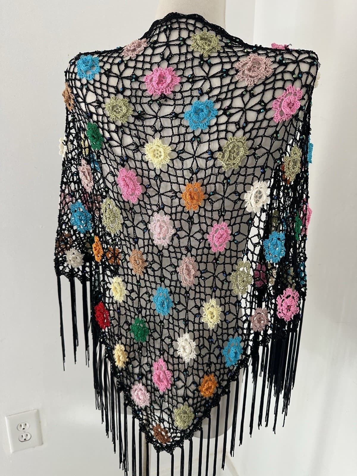 Vintage Crochet Rosette Beaded Fringed Piano Shawl One Size 4