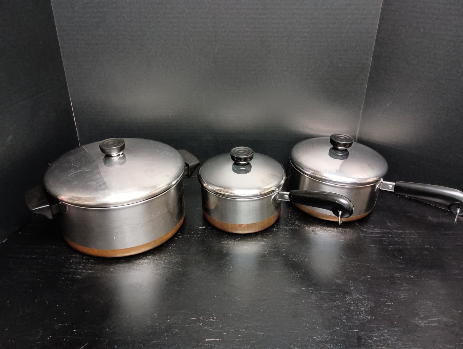 Vtg Set Of 3 Copper Bottom Revere Ware Pots W/ Lids 4.5, 2 & 1.5 QT Stock Sauce