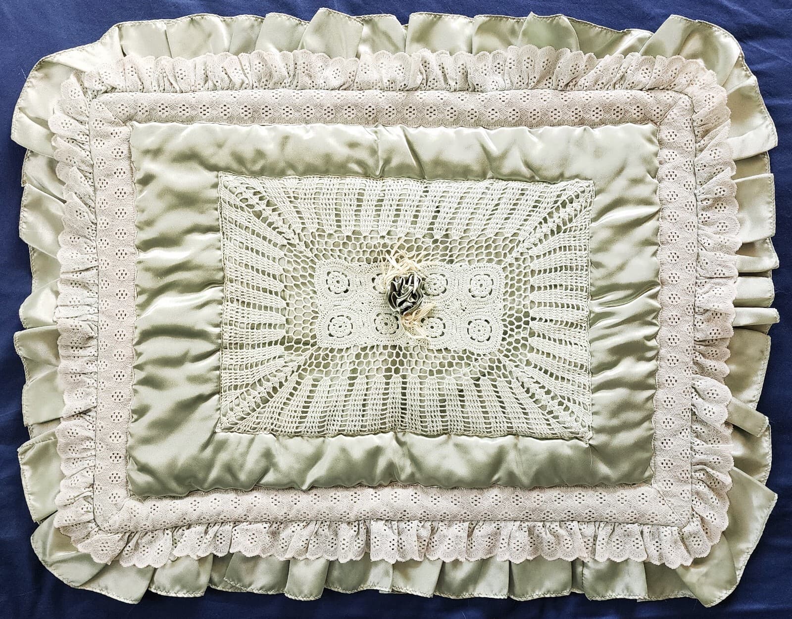 2 Vintage Green Satin Ruffled Pillow Shams with Crochet and Lace Details 2