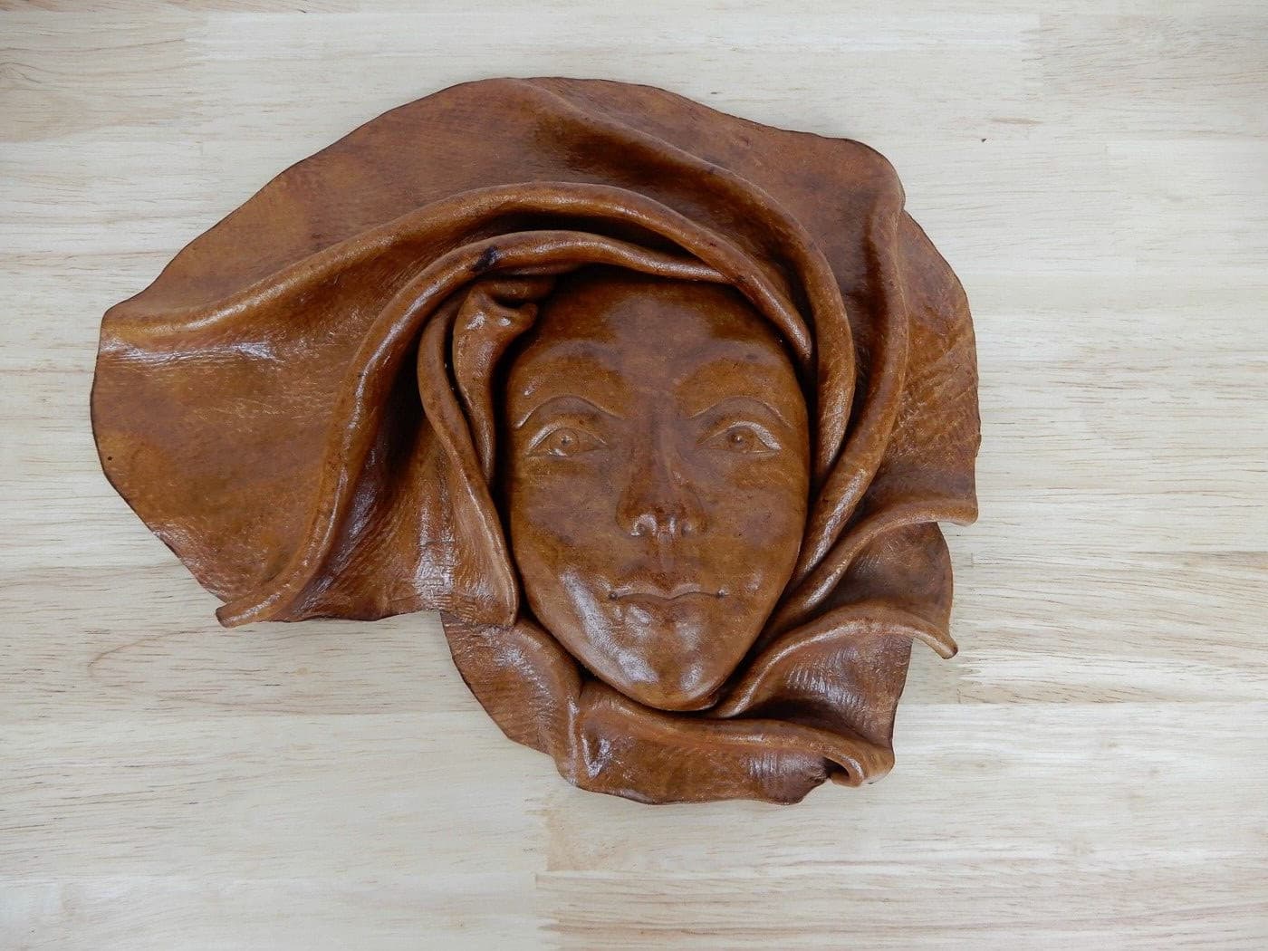 Vintage Leather Wall Mask Woman's Face Handcrafted Sculpture 2