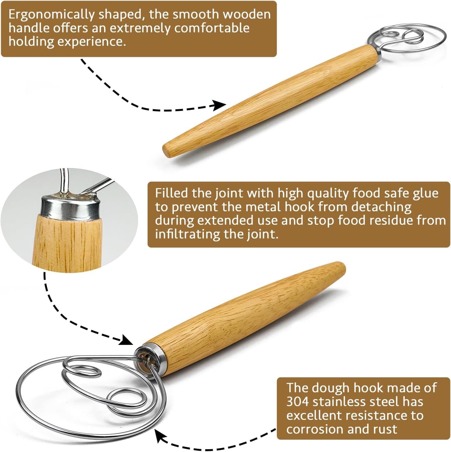 13-Inch Danish Dough Whisk and Scraper, Wooden Danish Whisks for Dough with 3