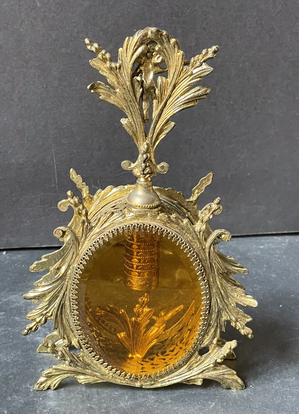 RARE! Vintage GOLD *CHERUB Perfume Bottle *AMBER GLASS VANITY Hollywood Antique 6