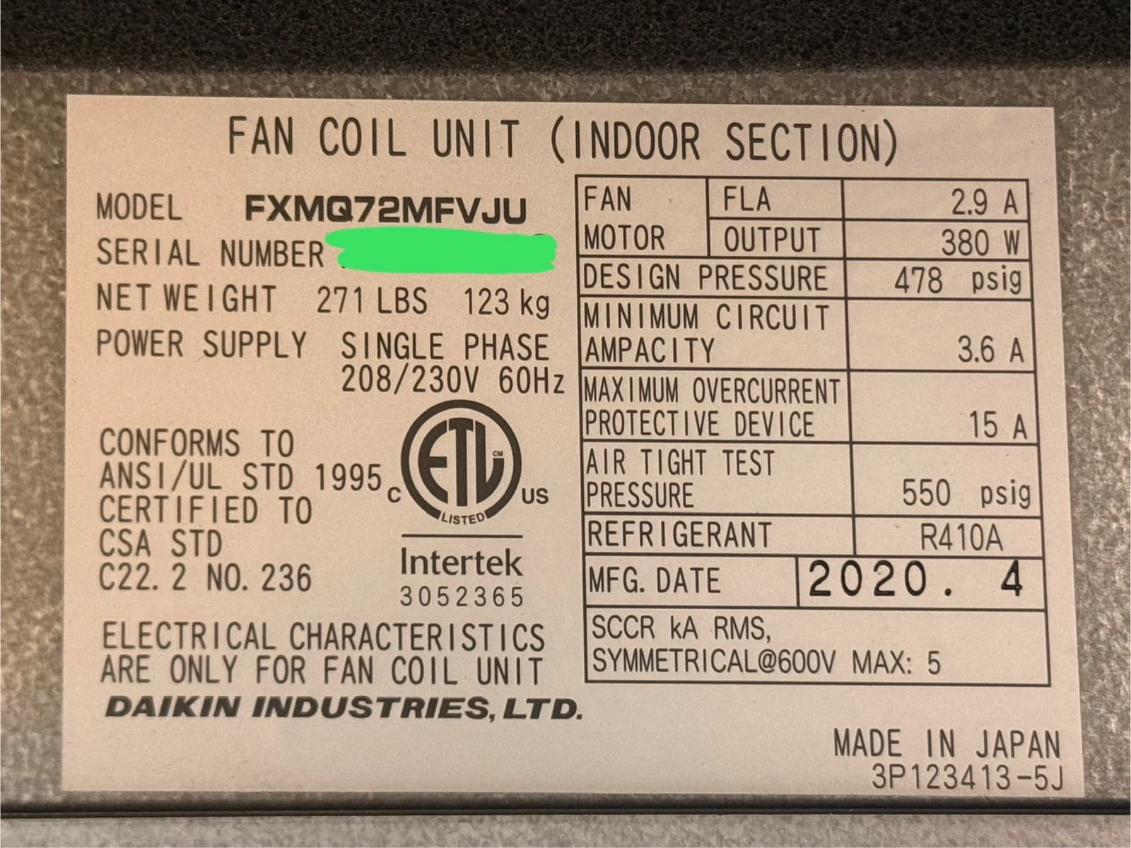 Daikin 6 Ton Indoor Fan Coil Unit, Ducted VRV Fan Coil (FXMQ72MFVJU) 6
