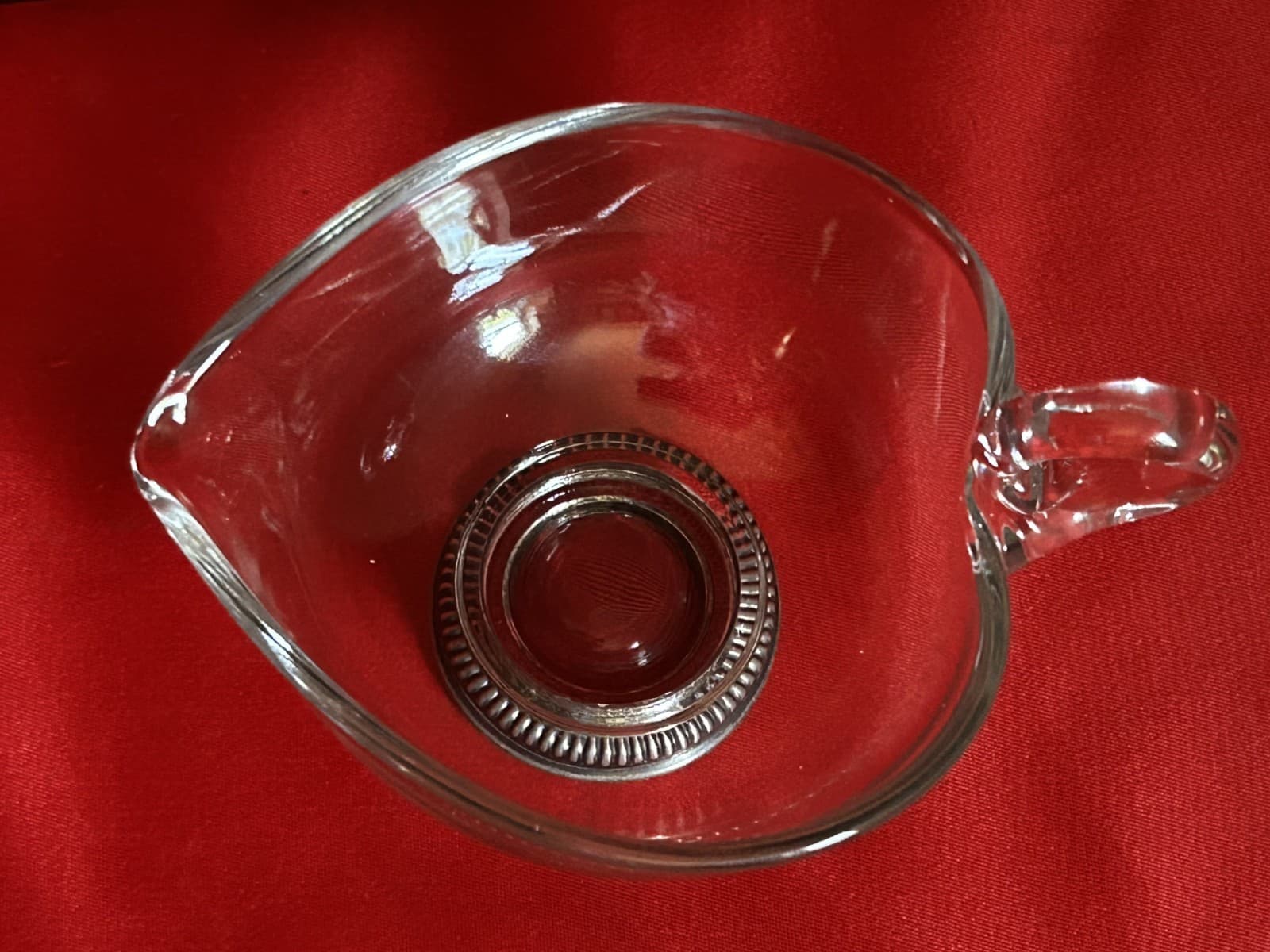 Vintage 4" Heart Shaped Glass Gravy/Sauce Boat With Sterling Silver Base B14 2