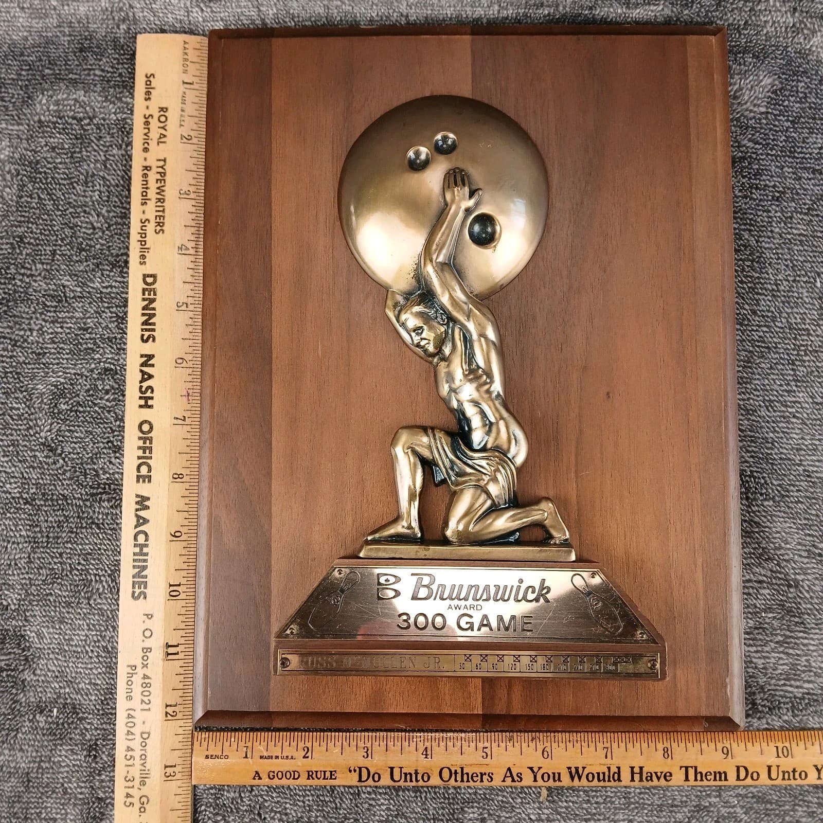 Vtg Brunswick 300 Award Plaque Perfect Game Bowling Trophy Wood Wall 9x12" 2