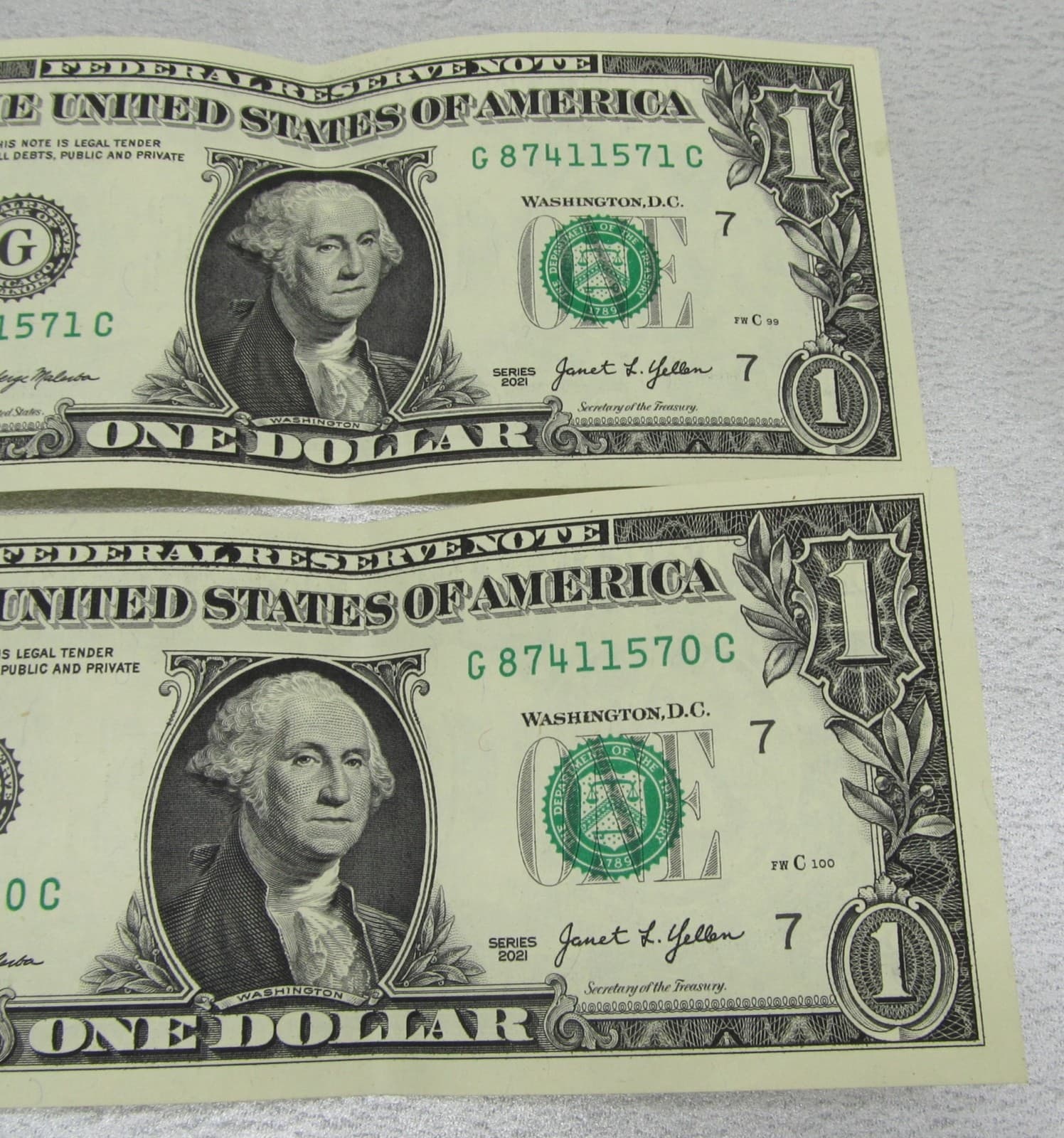 Lot 2 Consecutive Serial Numbers on Single Dollar Bills G 8741170 & G 87411571 2