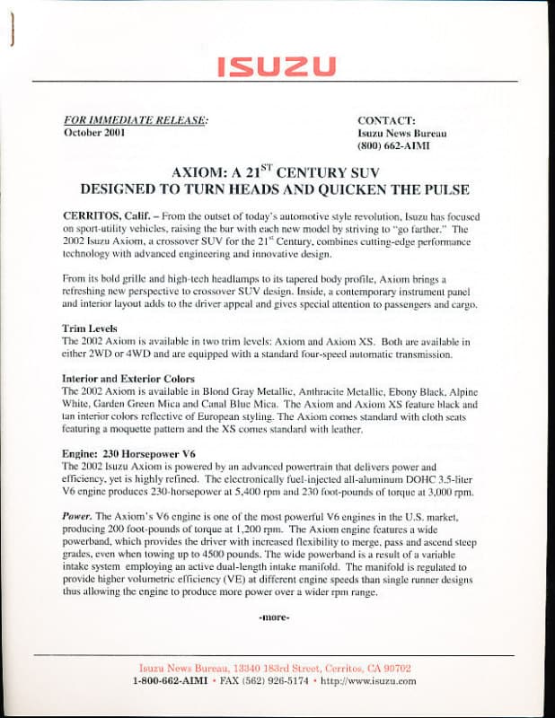 2002 Isuzu Rodeo Trooper Axiom Press Release Specs
