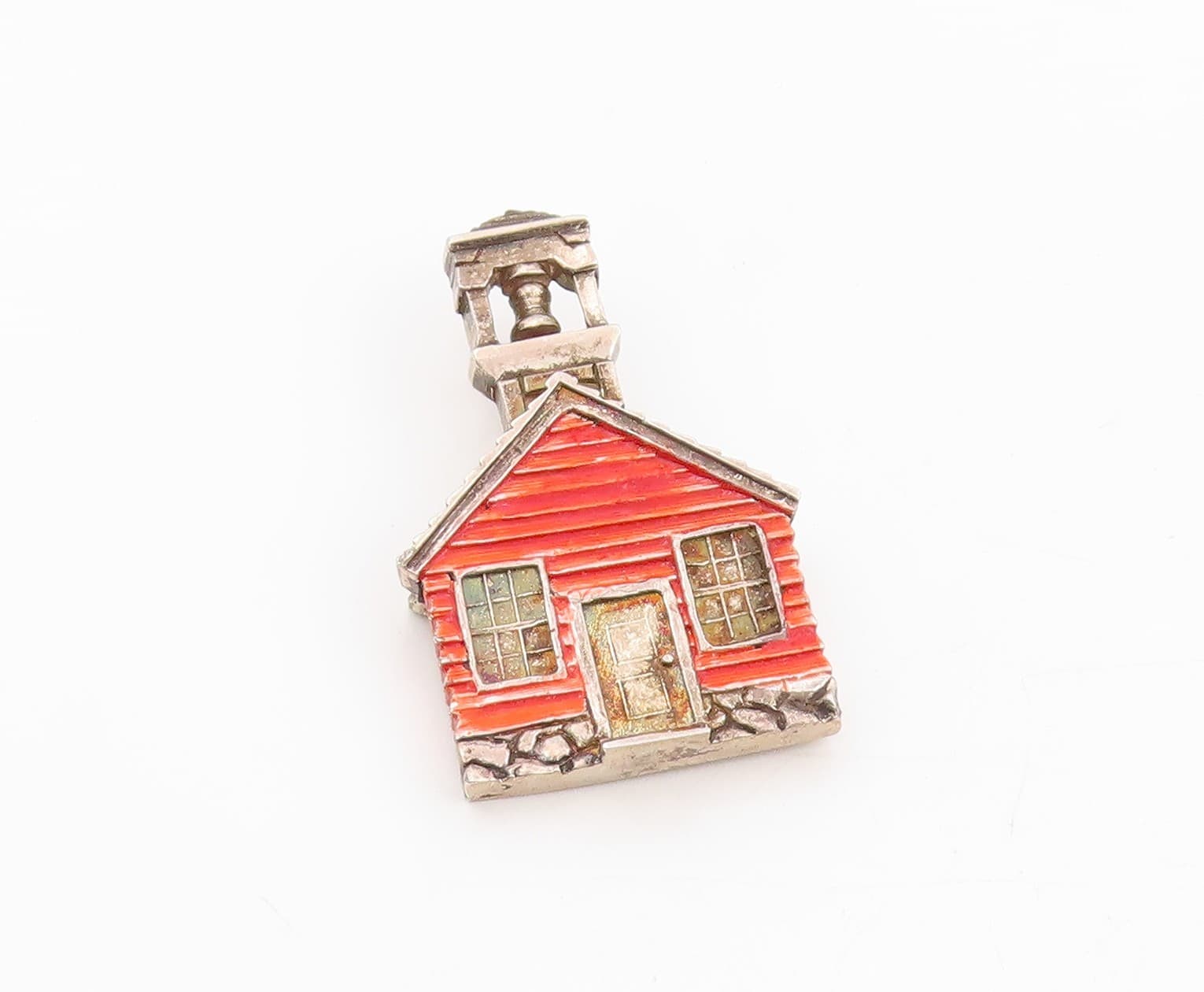 925 Sterling Silver Vintage Brooch Red Enameled Schoolhouse With Bell  BP12046 2