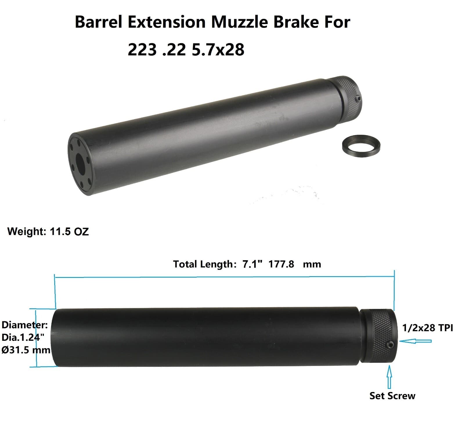7.1 Inch .223 .22LR 5.7x28 Linear Muzzle Brake 1/2X28 TPI Barrel Extension Tube 2