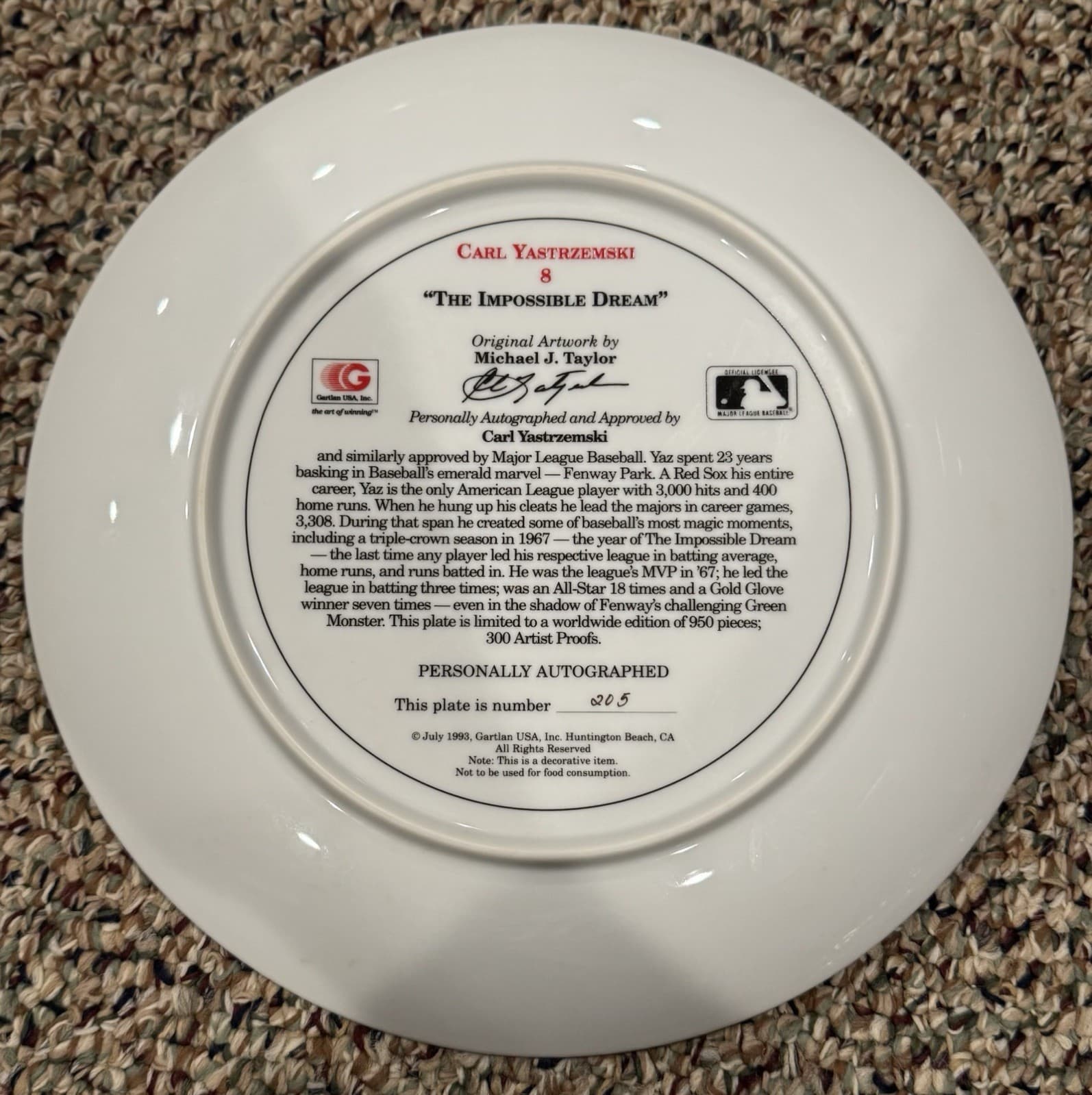 CARL YAZTRZEMSKI BOSTON RED SOX Gartlan Signed Plate Limited BASEBALL 3