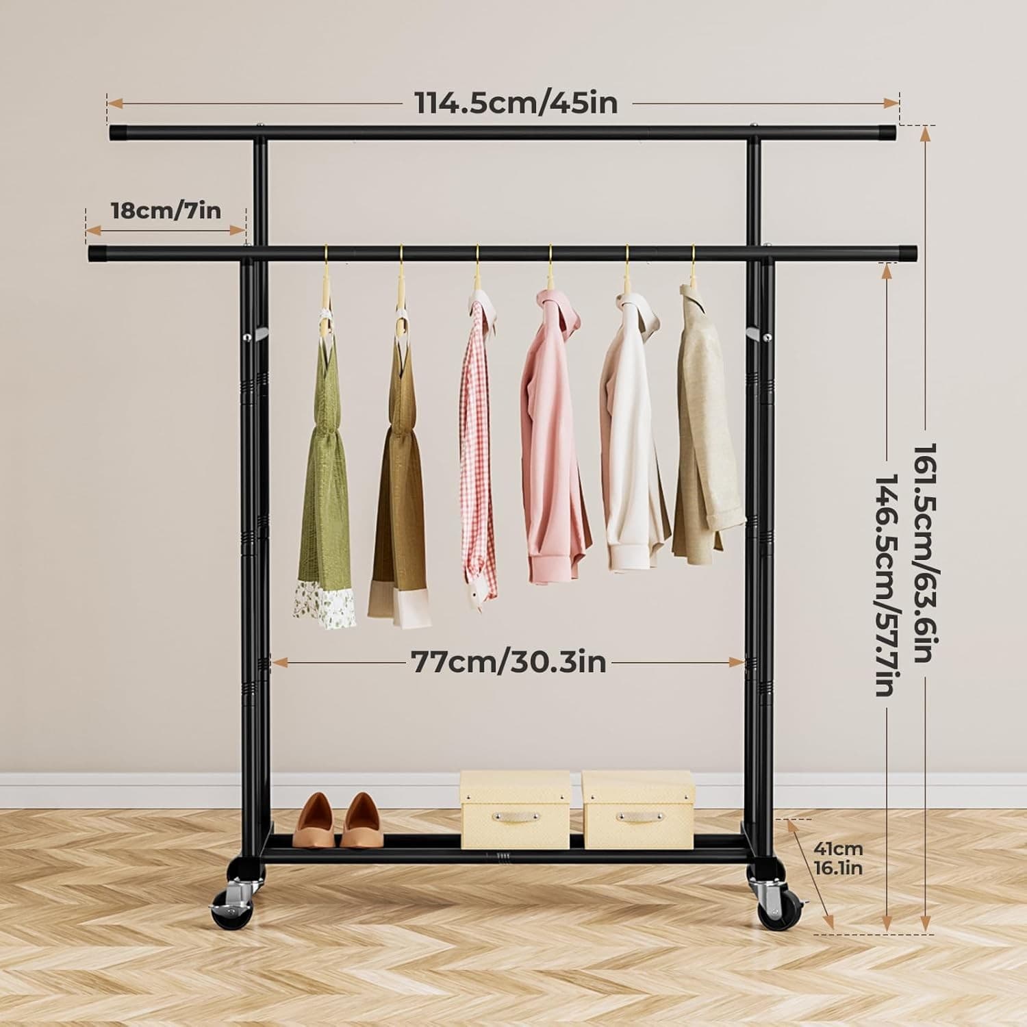 Abiglifty Double Rods Clothes Rack for Hanging Clothes Clothing Rack with Wheels 2