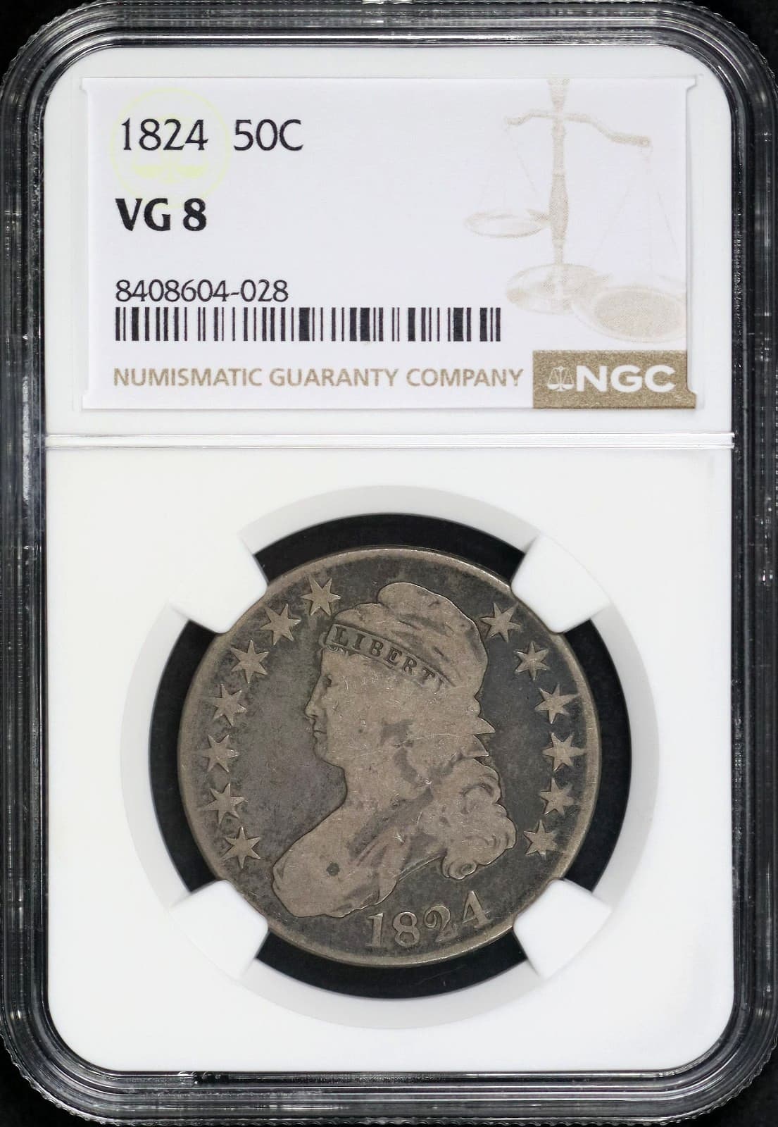 1824 CAPPED BUST HALF DOLLAR NGC VG 8 NICE AND NATURAL MEDIUM DEEP GREY WITH 3