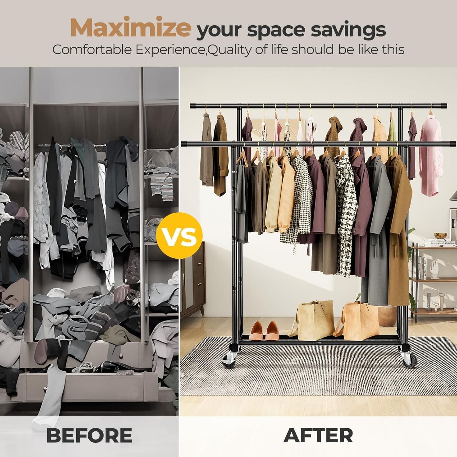 Abiglifty Double Rods Clothes Rack for Hanging Clothes Clothing Rack with Wheels 6