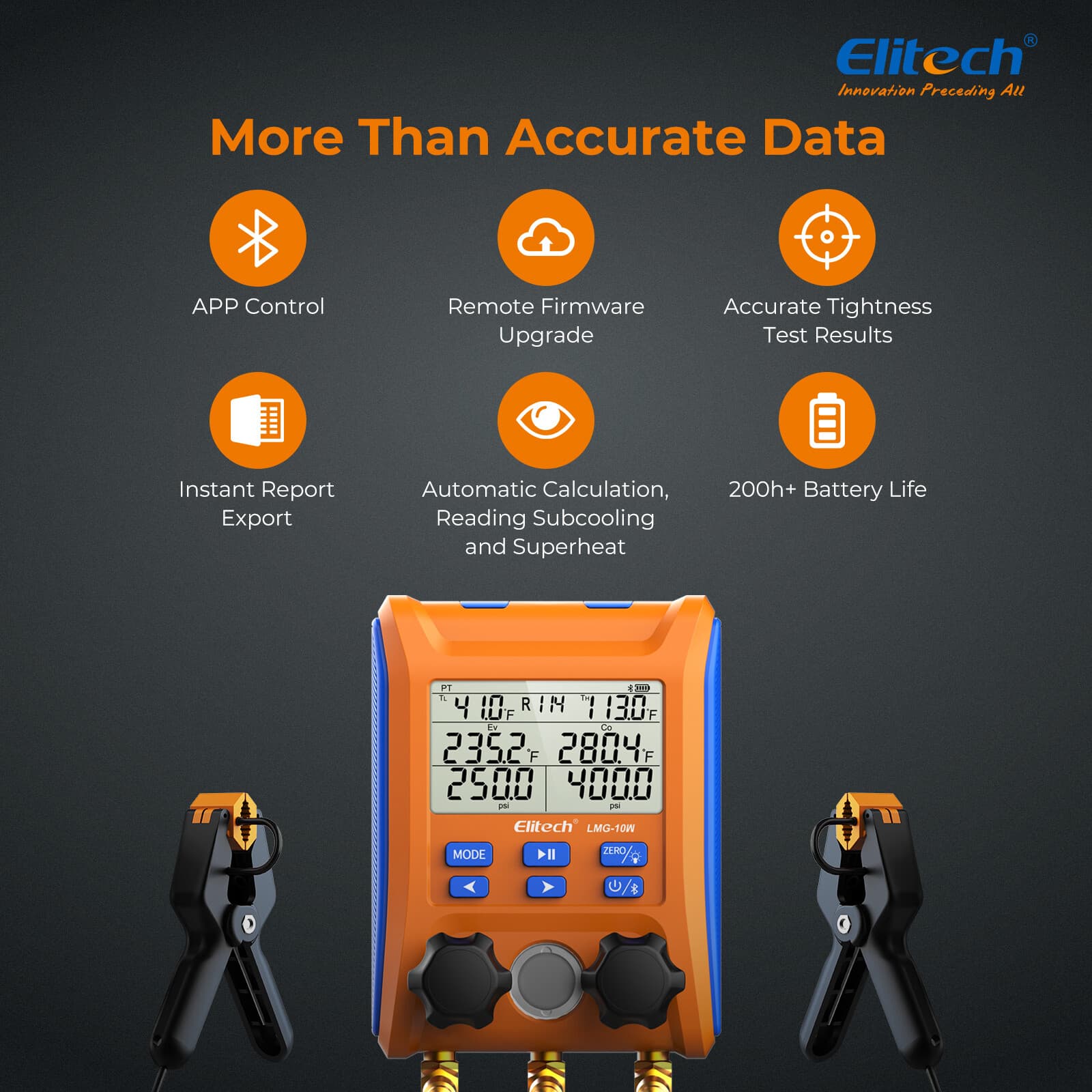 Elitech Digital Manifold Gauge 2-Way Valve AC Gauge LMG-10W App Control w/Hoses 2