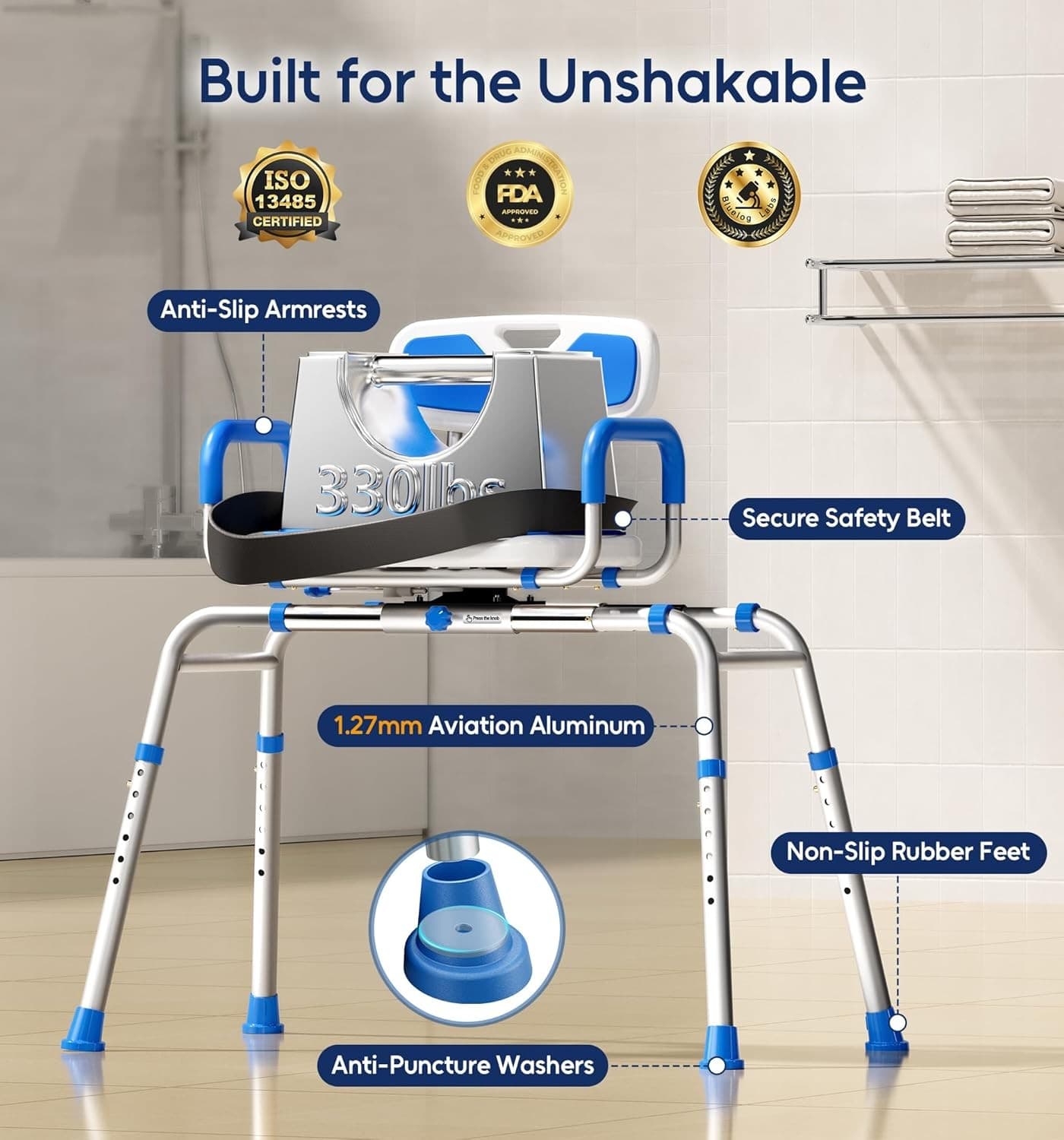 Sliding shower chair with swivel seat, tub bench, non-slip arms & safety belt 3