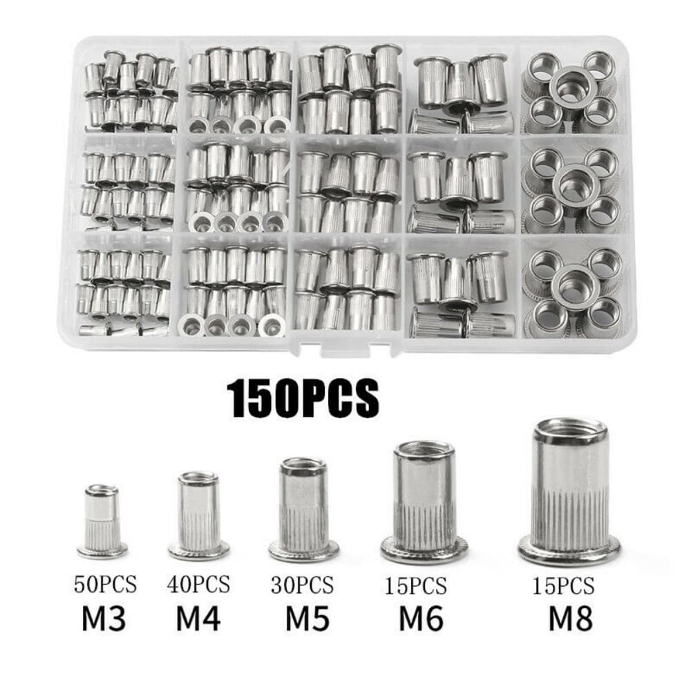 150Pcs RIVET NUT Flat Head Threaded Insert Aluminum Rivet Nutsert Set Kit 3