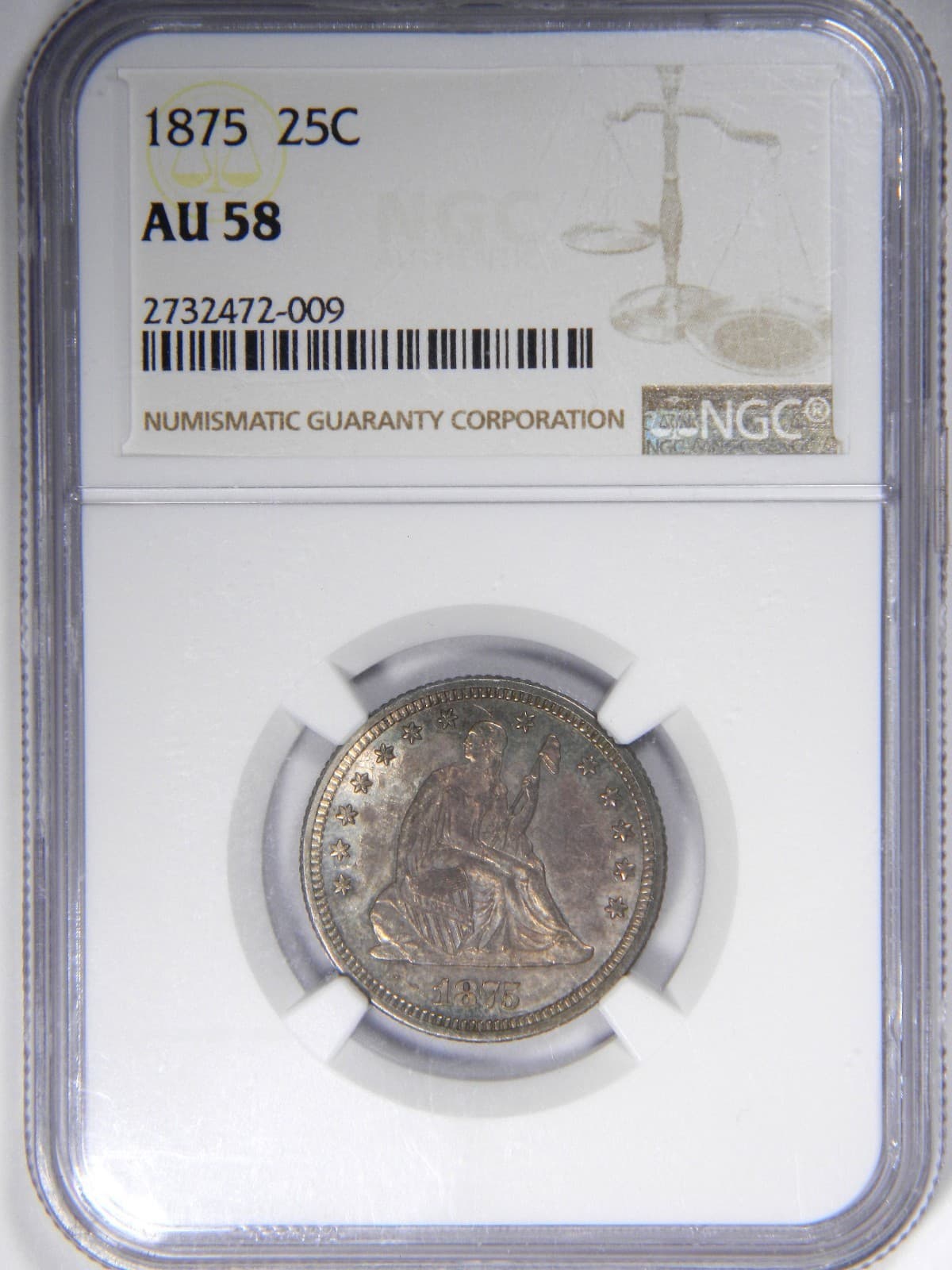 1875 SEATED QUARTER ~ NGC AU58 ~ RARE REVERSE TAB TONING! 2