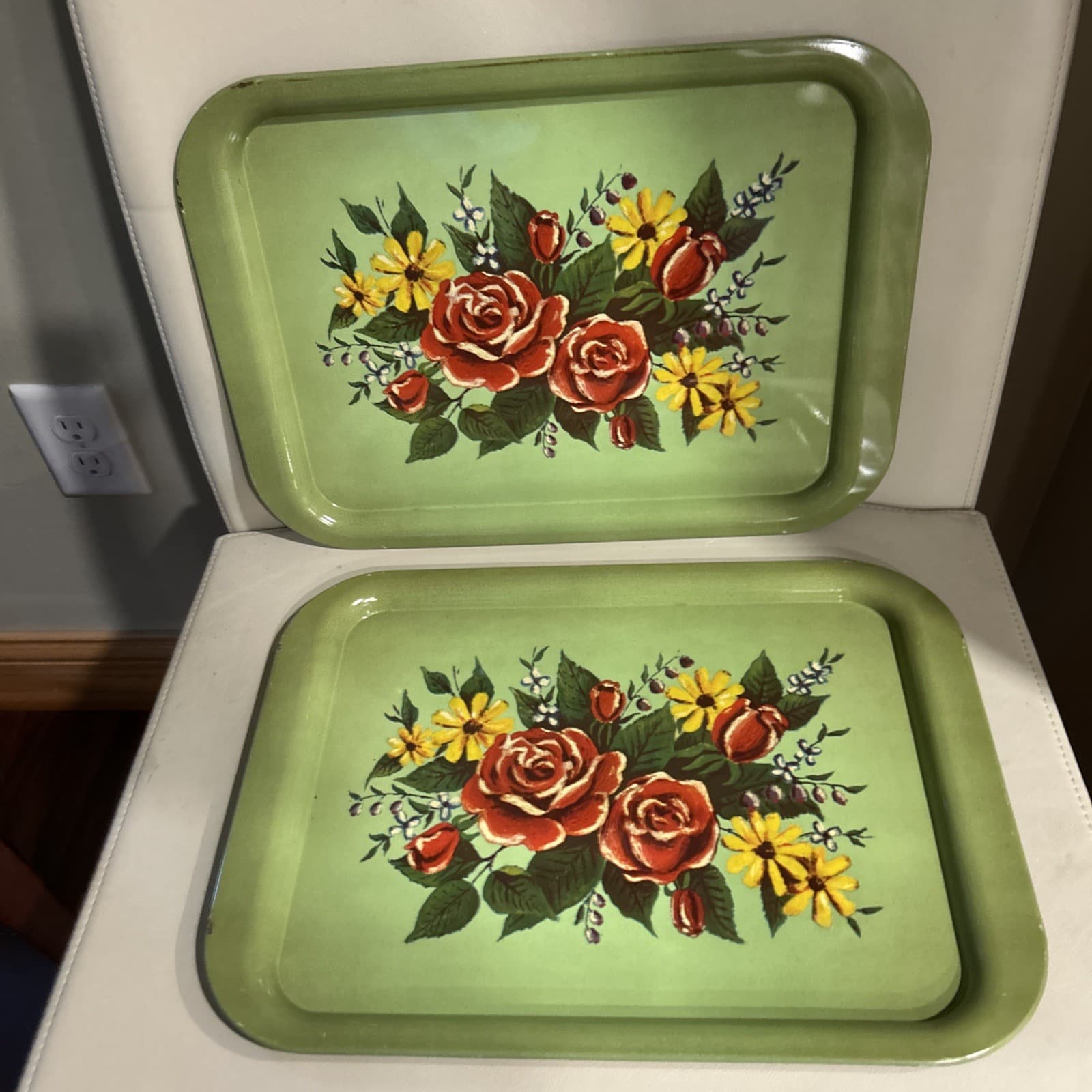 2 Vintage MCM Metal Lap Bed TV Tray Floral 14.5” X 11” green, red yellow roses 6
