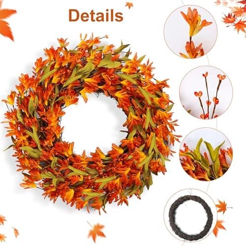 Fall Wreath 22 Inch Fall Wreaths for Front Door Orange forsythia Wreath with  5