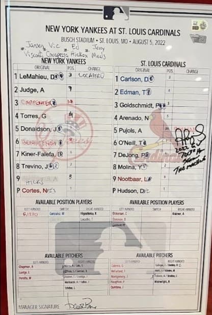 Albert Pujols Autographed 3X Inscribed GU Line-up Card from 700th HR Season 2