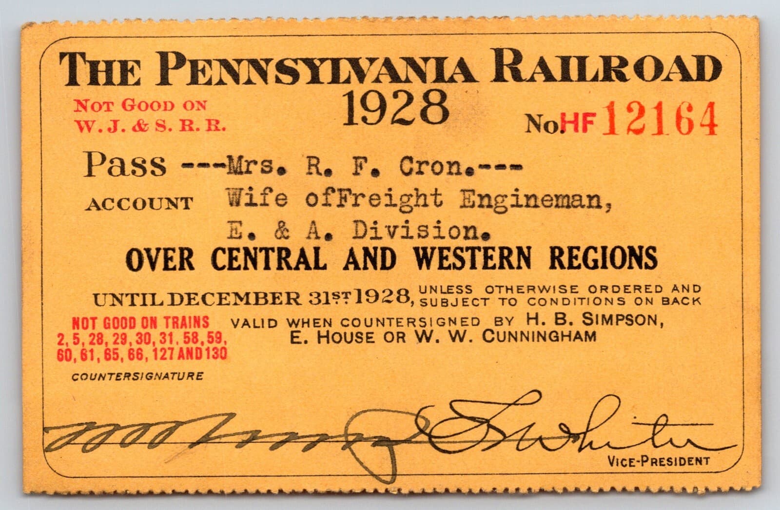 1928 Pennsylvania Railroad "Central Western" Employee Wife "Cron" Yearly Pass
