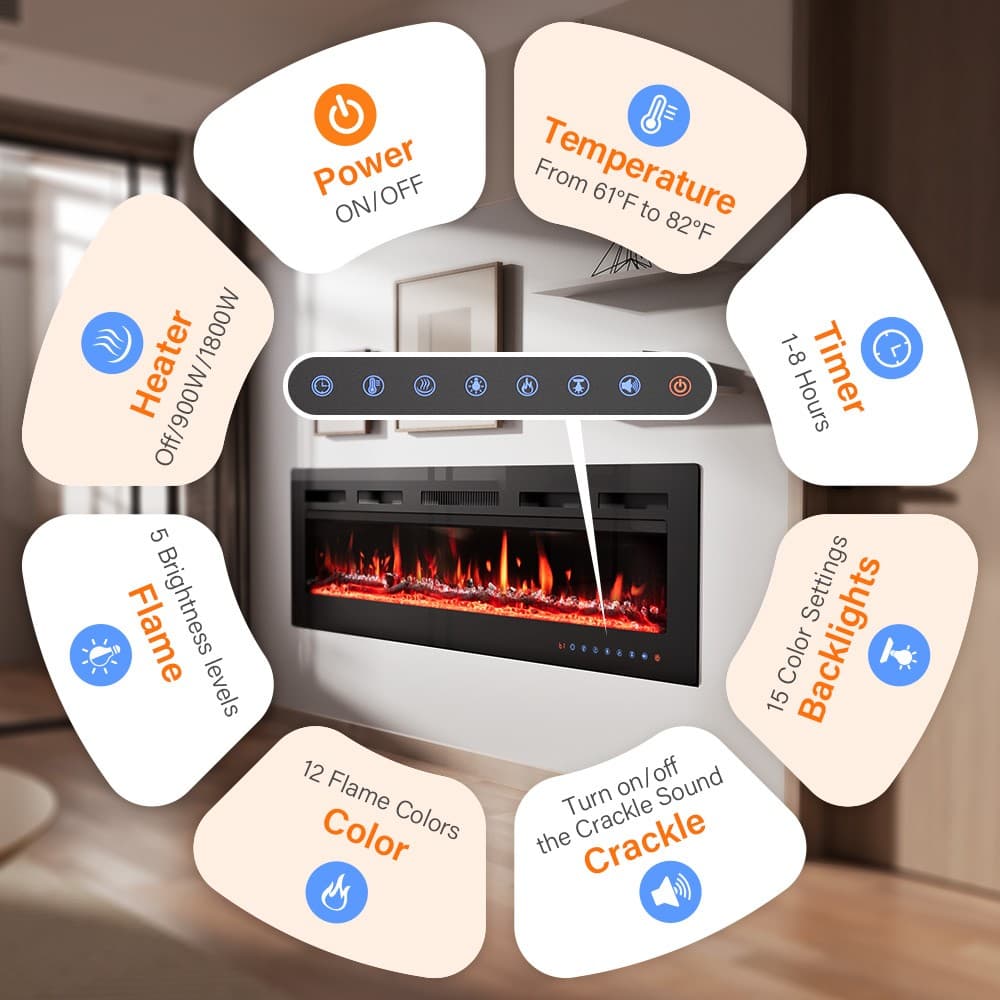 40/50/60" Electric Fireplace Recessed insert or Wall Mounted Standing Heater 2