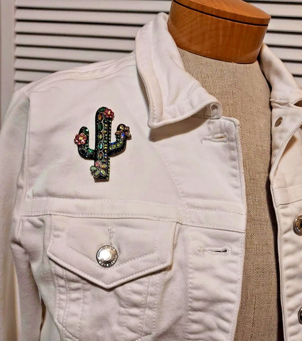 Magnetic jeweled Cactus Brooch set in antique gold tone alloy.  Western brooch 5