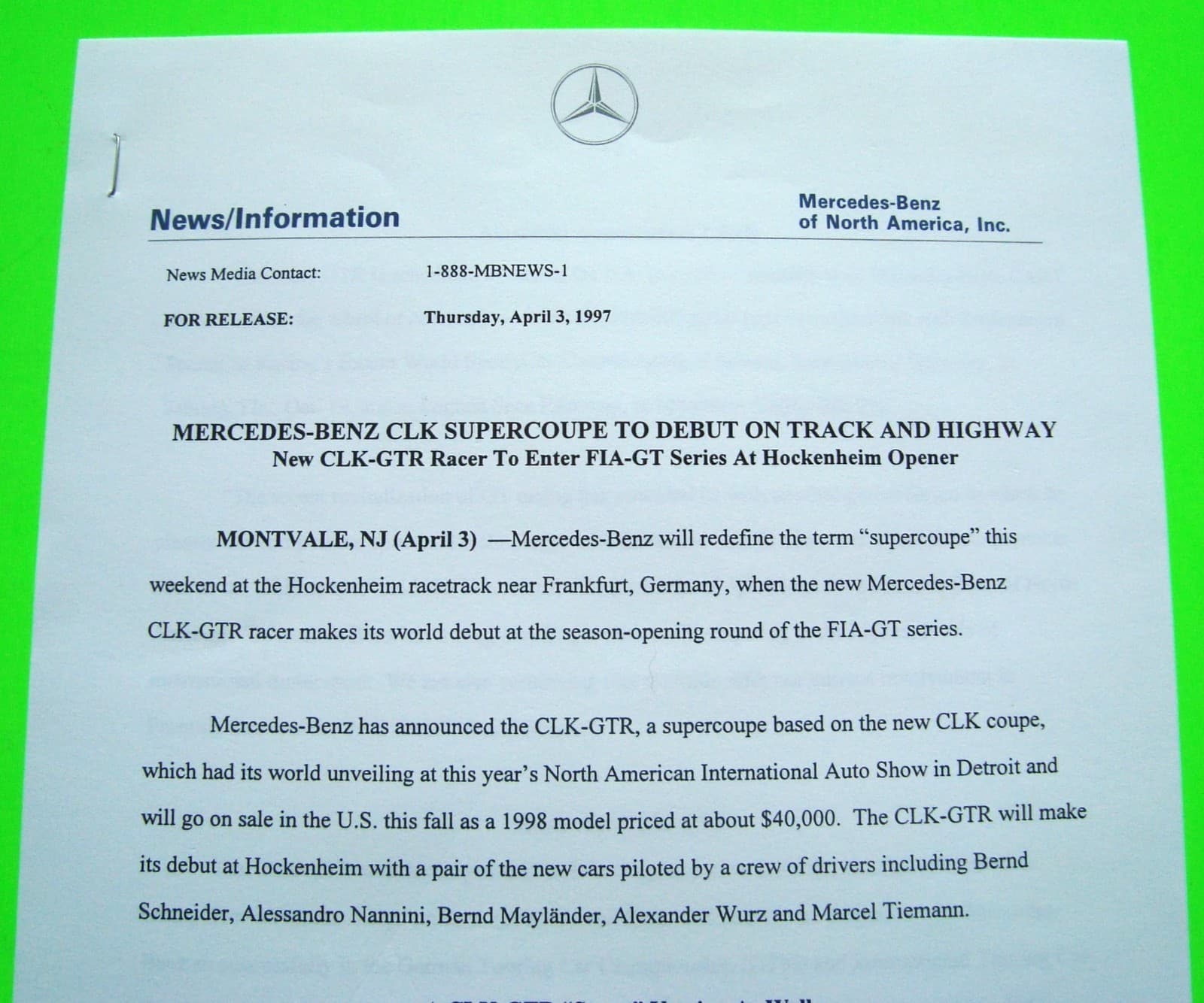 1997 Mercedes Benz CLK SUPERCOUPE & GTR V-12 RACER PRESS KIT Brochure PHOTOS 4