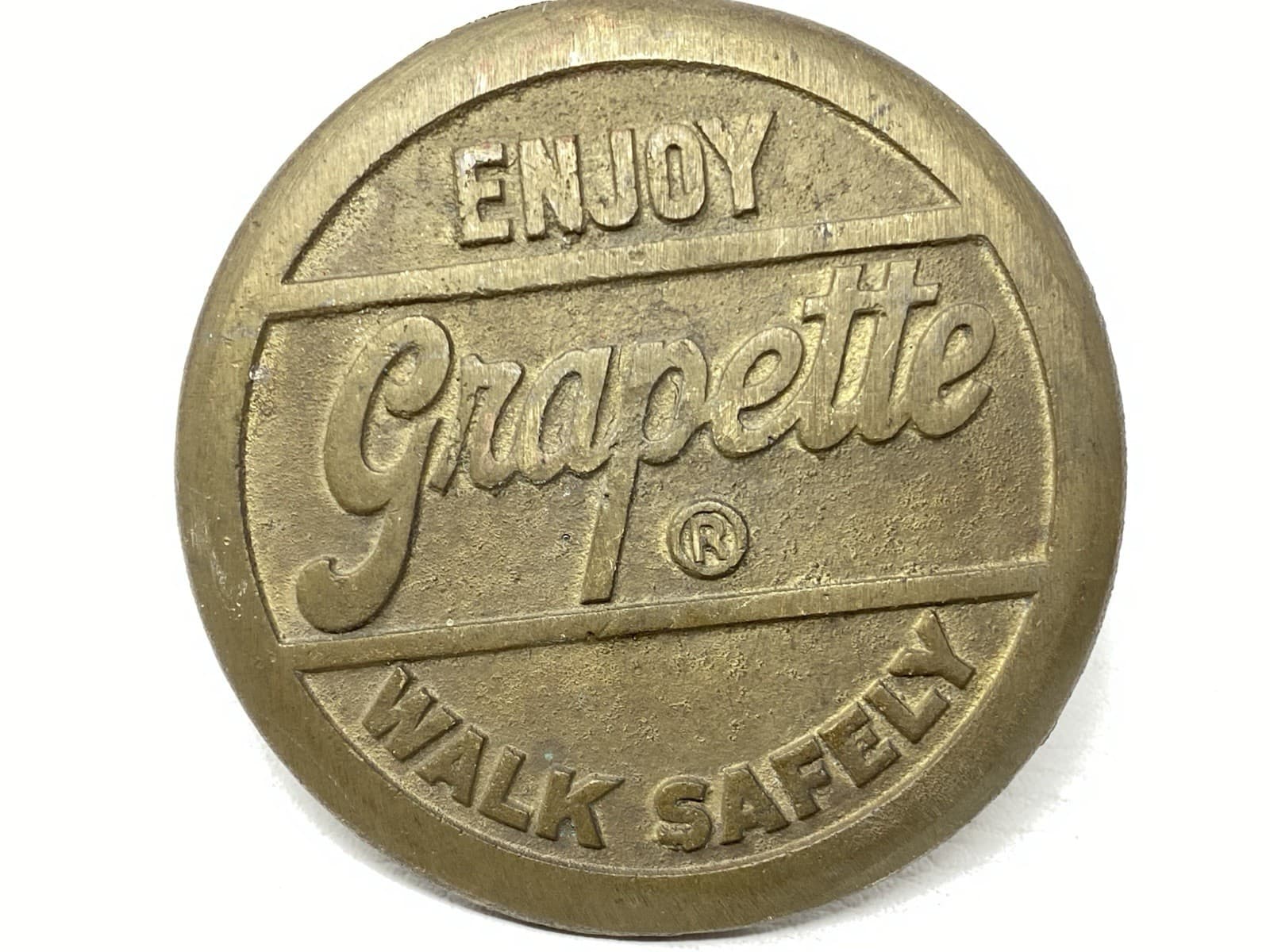 Vintage Enjoy Grapette Soda Walk Safely Heavy Brass Sidewalk Marker Nice Cond.! 2