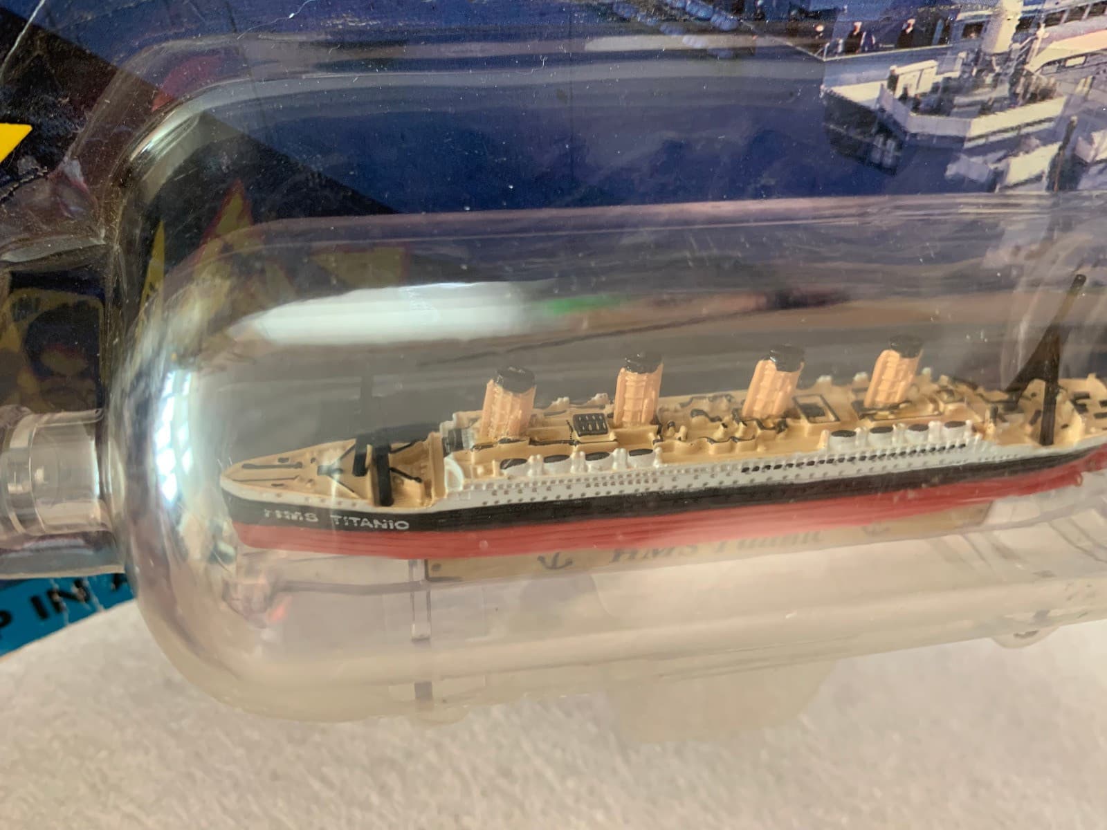 DAMAGED CARD MINIATURE HMS TITANIC OCEAN LINER SHIP IN A BOTTLE MICRO MACHINES
