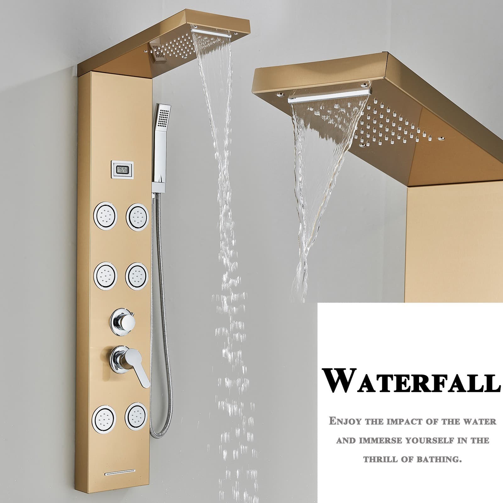 Brushed Gold Rain Waterfall Shower Panel Tower System Body Massage Jets Faucet 3