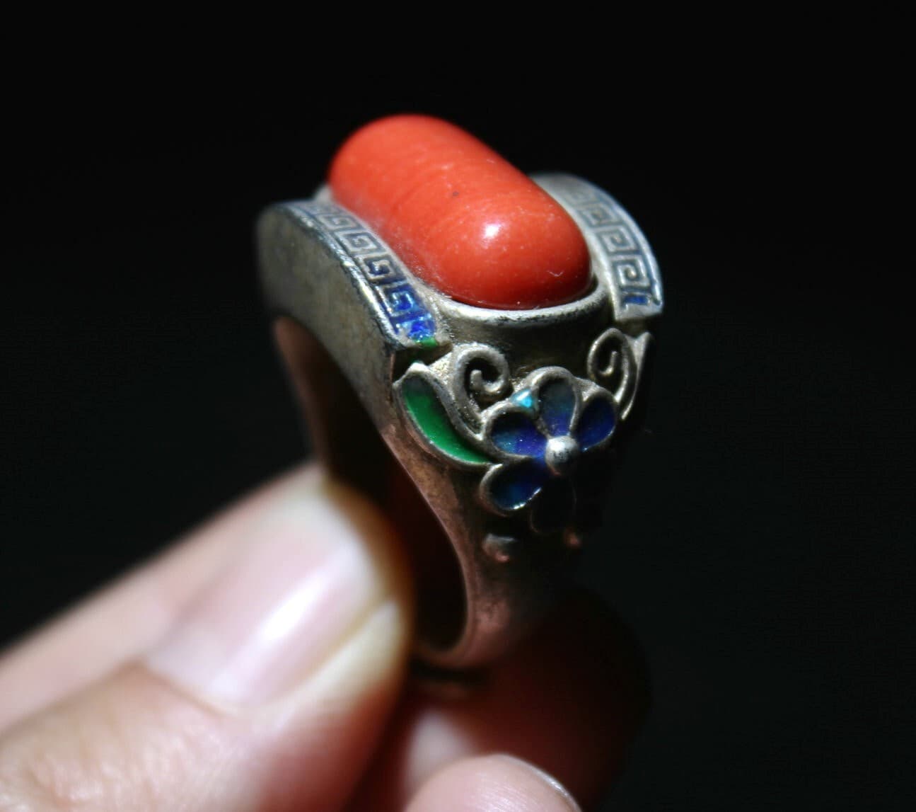 Rare Old Chinese Cloisonne Silver Inlay Red Gem Flower Jewelry Figure Ring 3