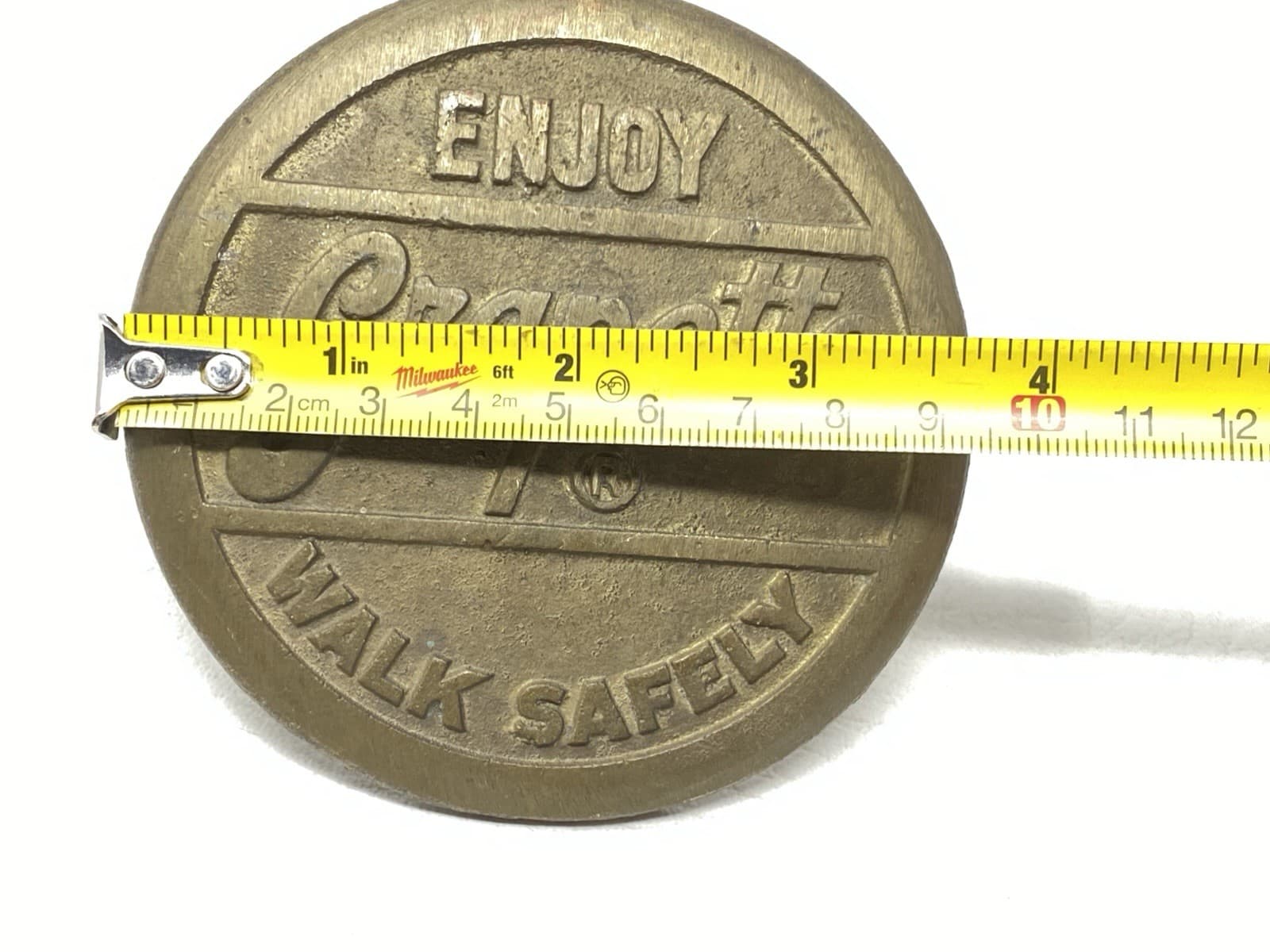 Vintage Enjoy Grapette Soda Walk Safely Heavy Brass Sidewalk Marker Nice Cond.! 6