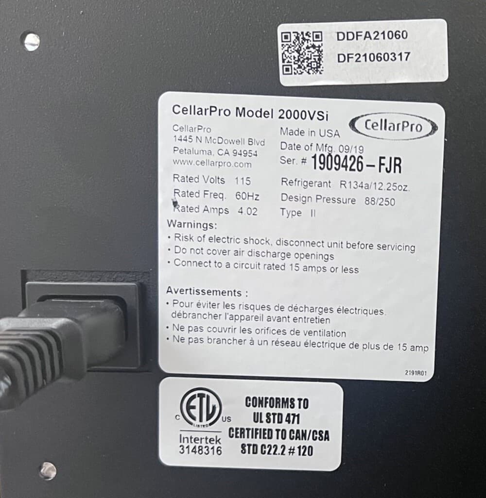 CellarPro 2000VSi 115V 60Hz 4.02A Type 2 Cooling Unit (READ) 2